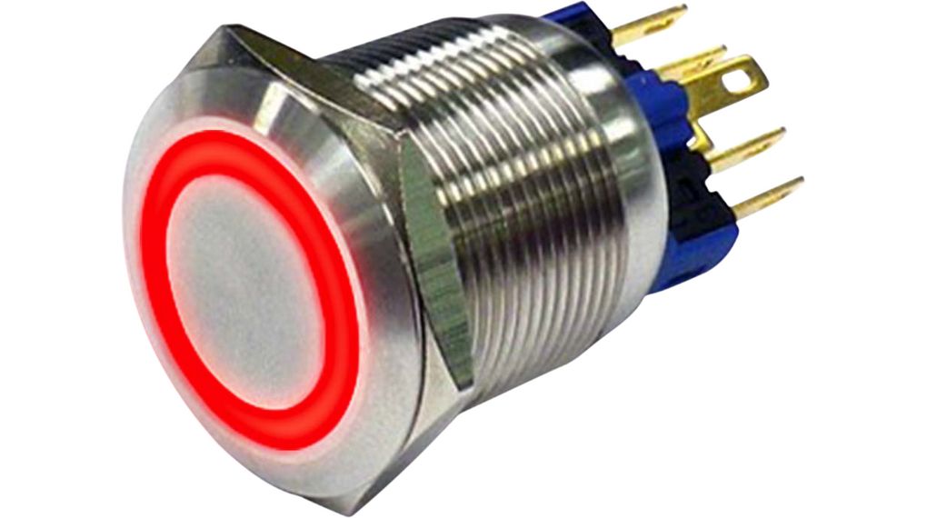 RND RND 210 Series Illuminated Push Button Switch, On-On, Panel, 22 mm Cutout, 1 NO/1 NC, Red LED, IP65 250 V ac