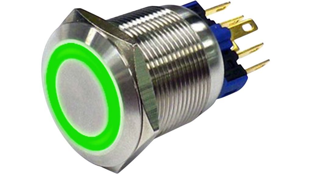 RND RND 210 Series Illuminated Push Button Switch, On-On, Panel, 22 mm Cutout, 1 NO/1 NC, Green LED, IP65 250 V ac