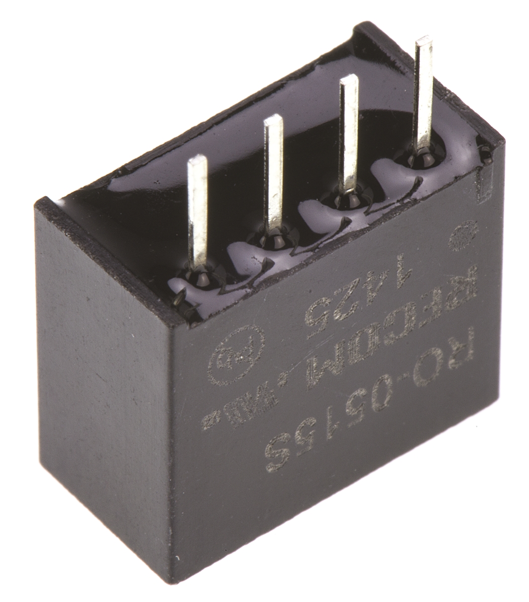 ro-0515s Recom RO DC/DC Converter, 15V dc/ 66 mA, 5V dc Input, 4.5V Input 1 W, Through Hole, 85 °C Max Temp -40 °C Min Temp,