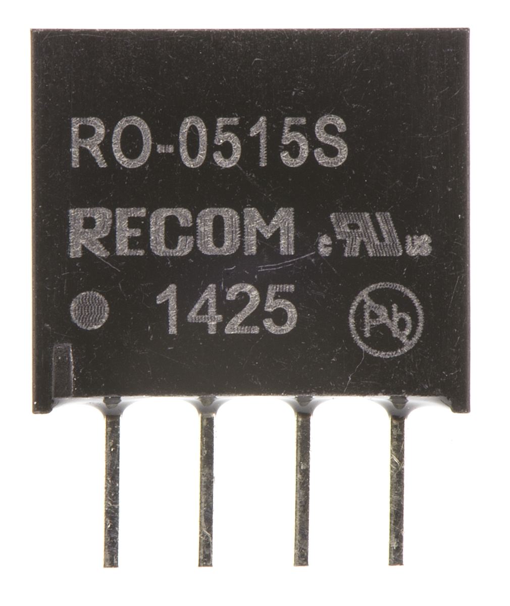 ro-0515s Recom RO DC/DC Converter, 15V dc/ 66 mA, 5V dc Input, 4.5V Input 1 W, Through Hole, 85 °C Max Temp -40 °C Min Temp,