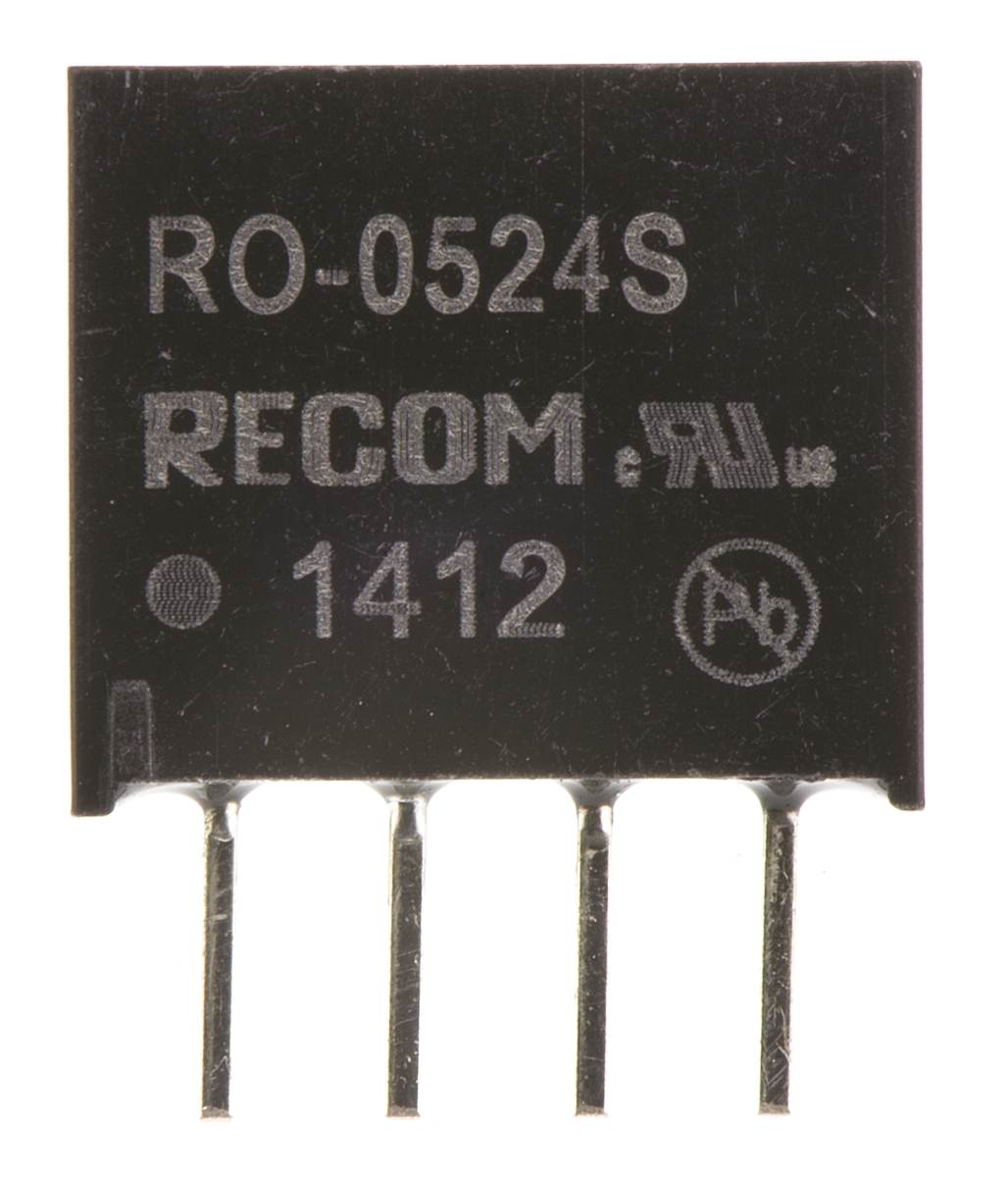 ro-0524s Recom RO DC/DC Converter, 24V dc/ 42 mA, 5V dc Input, 4.5V Input 1 W, Through Hole, 85 °C Max Temp -40 °C Min Temp,