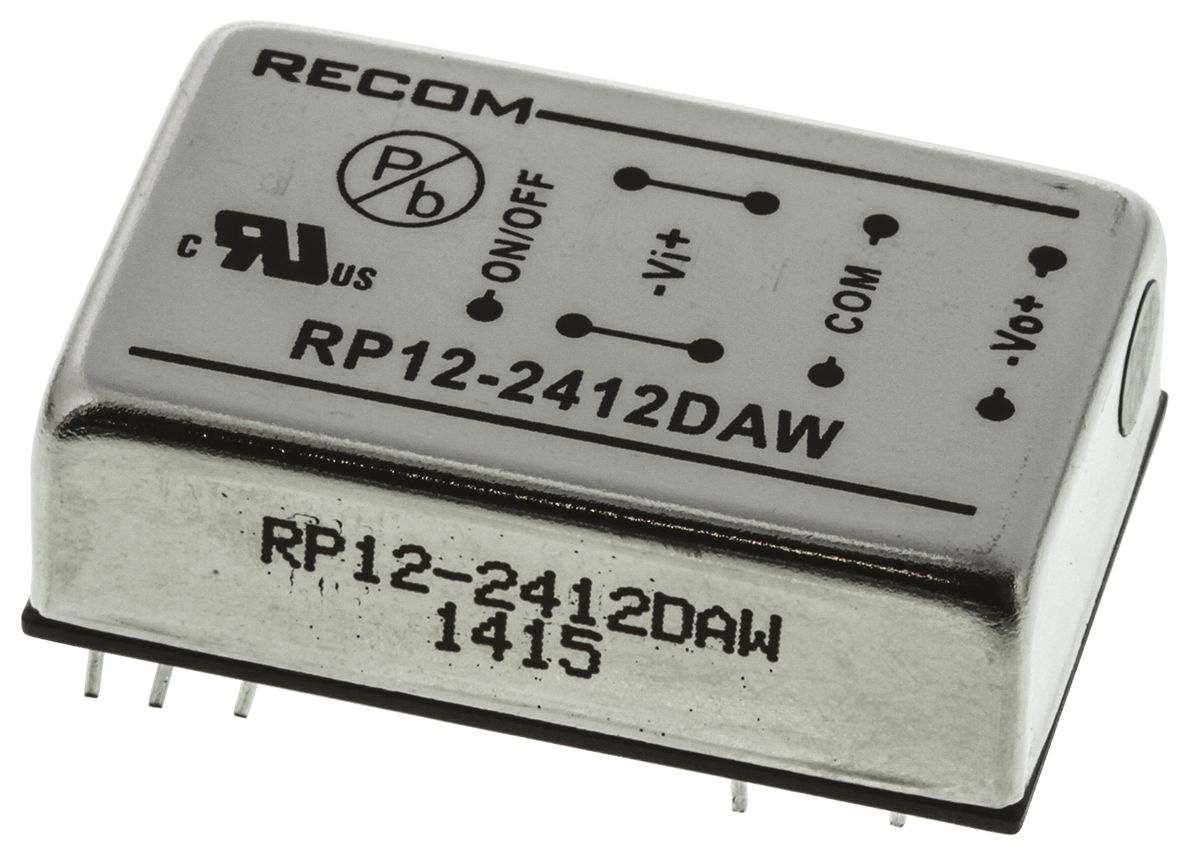 Recom RP12-AW DC/DC Converter, 12V, -12 V/ 500 mA, 36V dc Input, 9V Input 12 W, Through Hole, 65 °C Max Temp -40 °C Min