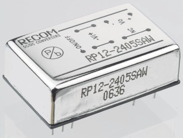 Recom RP12-AW DC/DC Converter, 12V, -12 V/ 500 mA, 75V dc Input, 18V Input 12 W, Through Hole, 65 °C Max Temp -40 °C Min
