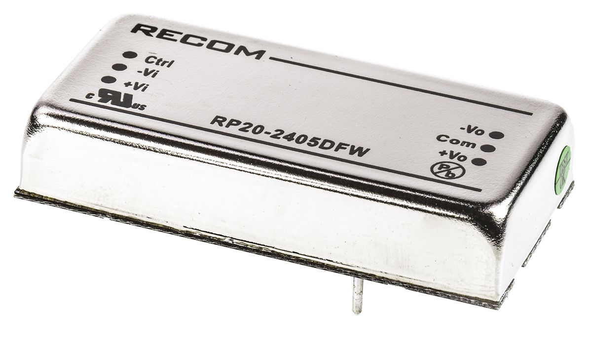 Recom RP20 FW DC/DC Converter, 5V dc, -5 V dc/ 2 A, 24V dc Input, 9V Input 20 W, Through Hole, 105 °C Max Temp -40 °C