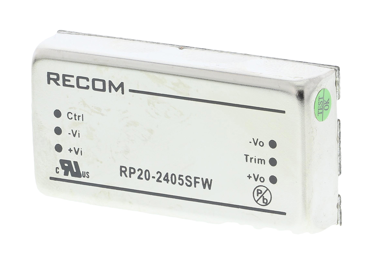 Recom RP20 FW DC/DC Converter, 5V dc/ 4 A, 24V dc Input, 9V Input 20 W, Through Hole, 105 °C Max Temp -40 °C Min Temp,
