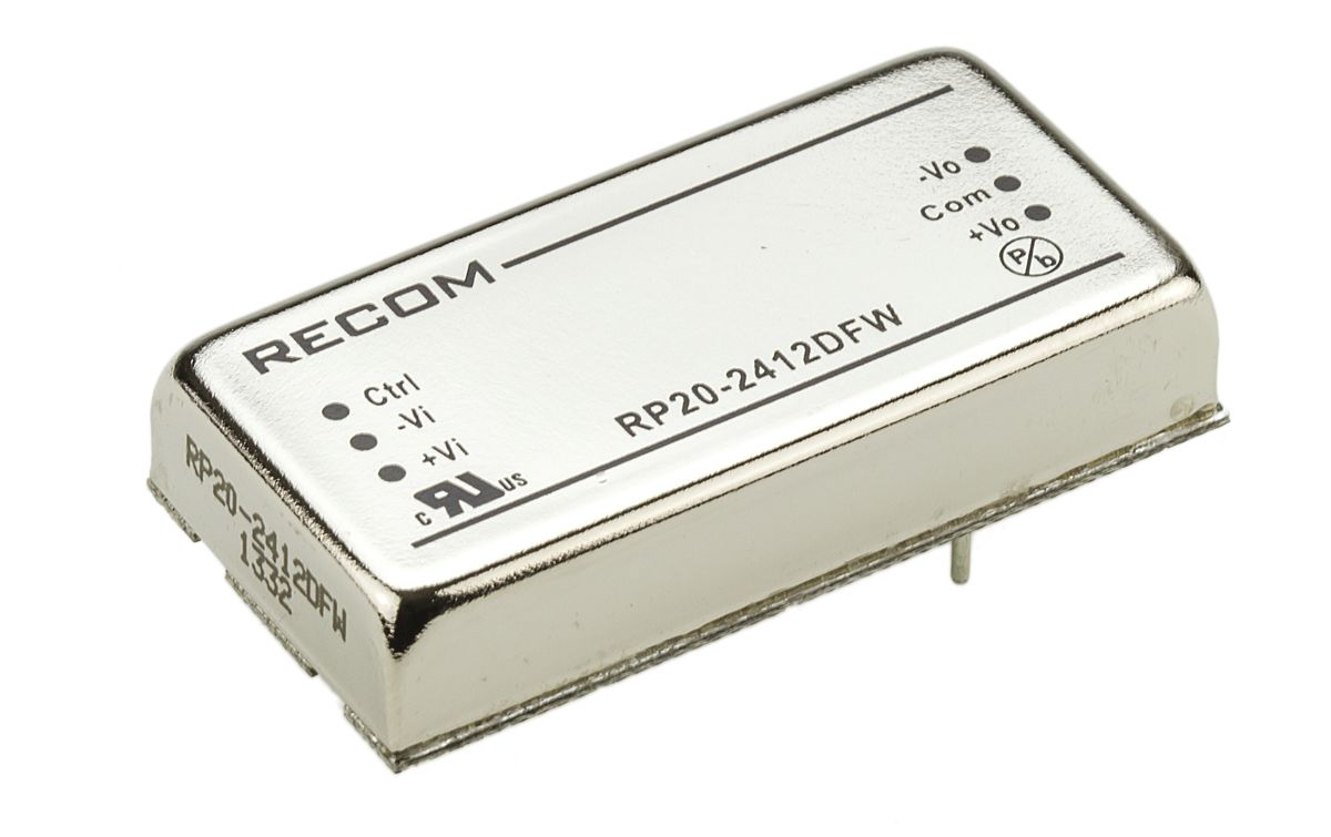 Recom RP20 FW DC/DC Converter, 12V dc, -12 V dc/ 833 mA, 24V dc Input, 9V Input 20 W, Through Hole, 105 °C Max Temp -40