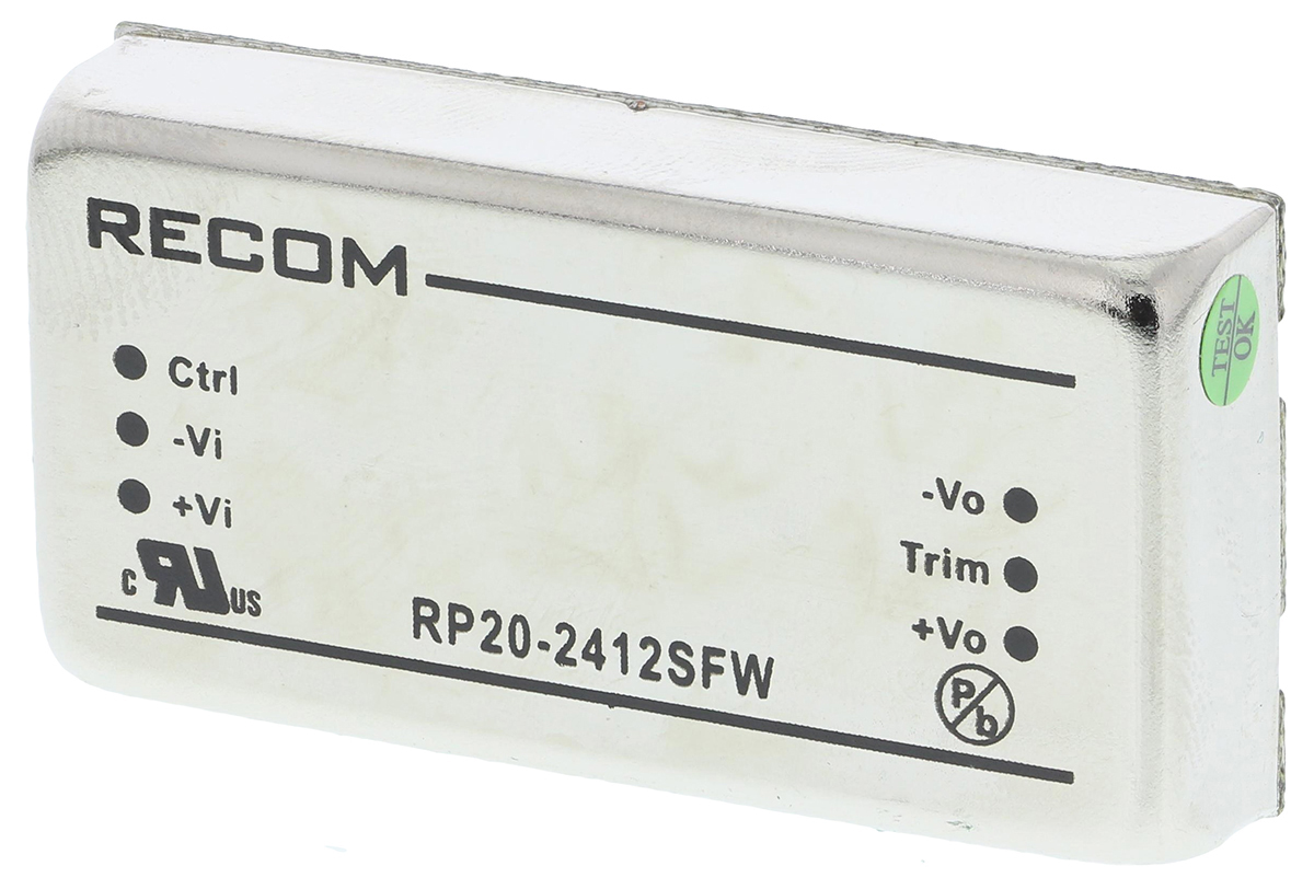 Recom RP20 FW DC/DC Converter, 12V dc/ 1.67 A, 36V dc Input, 9V Input 20 W, Through Hole, 105 °C Max Temp -40 °C Min