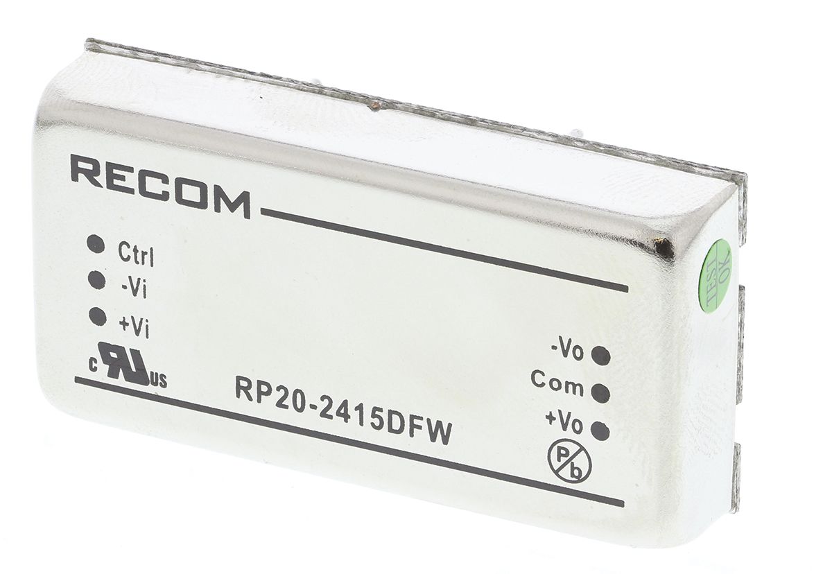 Recom RP20 FW DC/DC Converter, 15V dc, -15 V dc/ 667 mA, 24V dc Input, 9V Input 20 W, Through Hole, 105 °C Max Temp -40