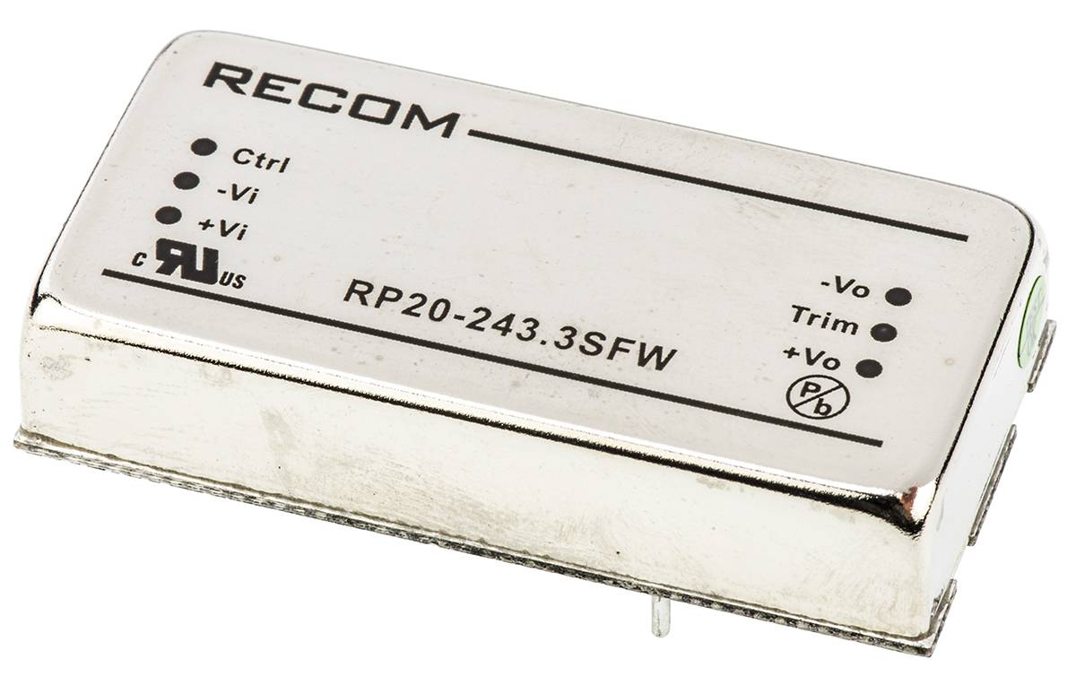 Recom RP20 FW DC/DC Converter, 3.3V dc/ 5.5 A, 24V dc Input, 9V Input 20 W, Through Hole, 105 °C Max Temp -40 °C Min