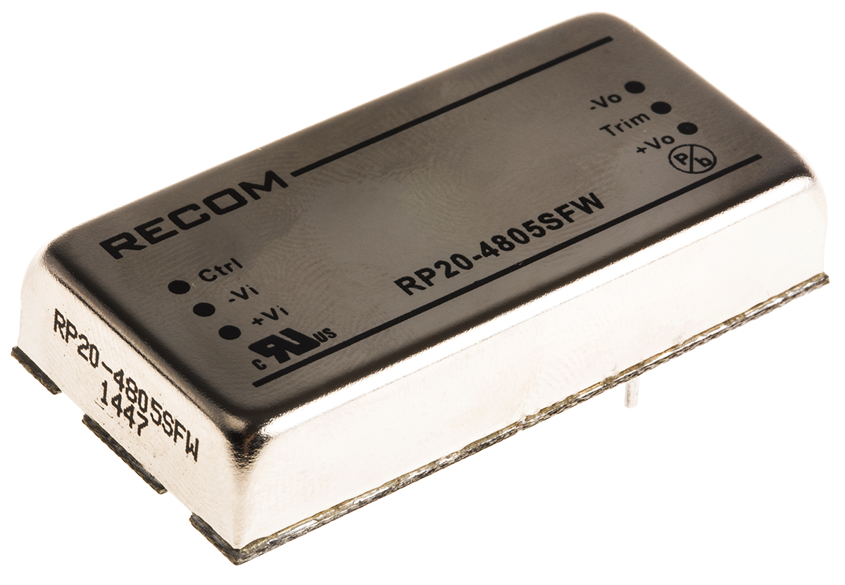 Recom RP20 FW DC/DC Converter, 5V dc/ 4 A, 48V dc Input, 18V Input 20 W, Through Hole, 105 °C Max Temp -40 °C Min Temp,