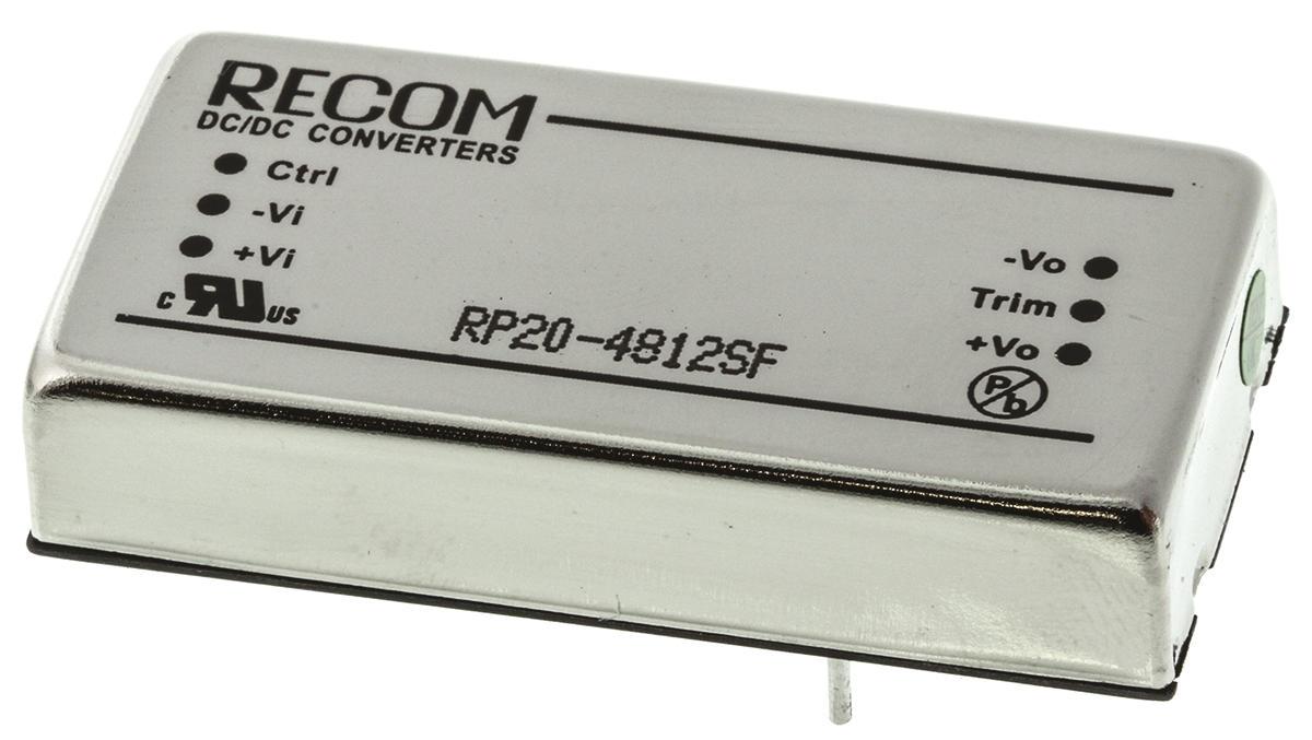 Recom RP20 F DC/DC Converter, 12V dc/ 1.67 A, 48V dc Input, 18V Input 20 W, Through Hole, 85 °C Max Temp -40 °C Min