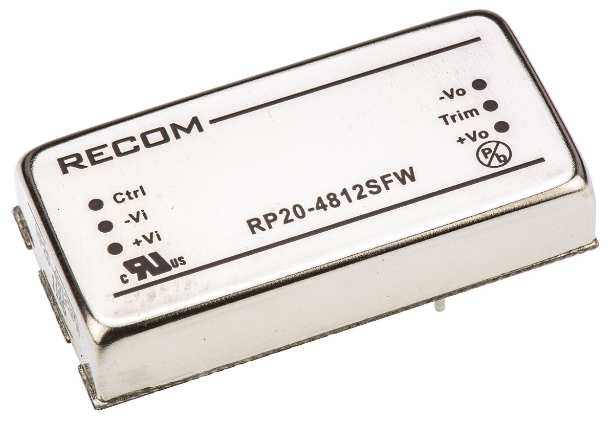 Recom RP20 FW DC/DC Converter, 12V dc/ 1.67 A, 48V dc Input, 18V Input 20 W, Through Hole, 105 °C Max Temp -40 °C Min