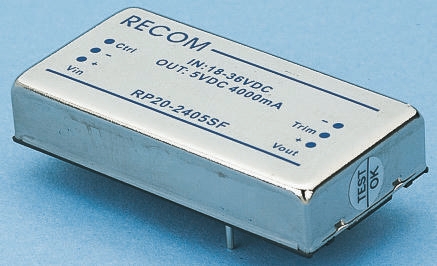 Recom RP20 F DC/DC Converter, 15V dc/ 1.33 A, 48V dc Input, 36V Input 20 W, Through Hole, 85 °C Max Temp -40 °C Min