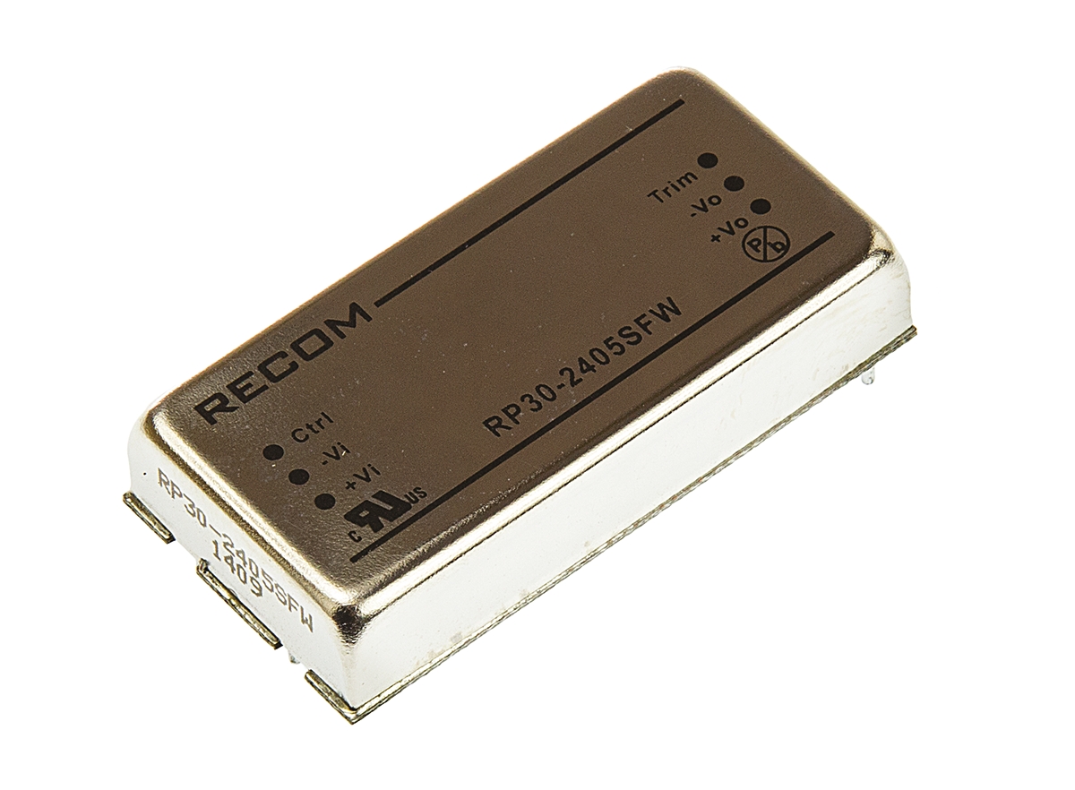 Recom RP30 FW DC/DC Converter, 5V dc/ 6 A, 24V dc Input, 18V Input 30 W, Through Hole, 85 °C Max Temp -40 °C Min Temp,