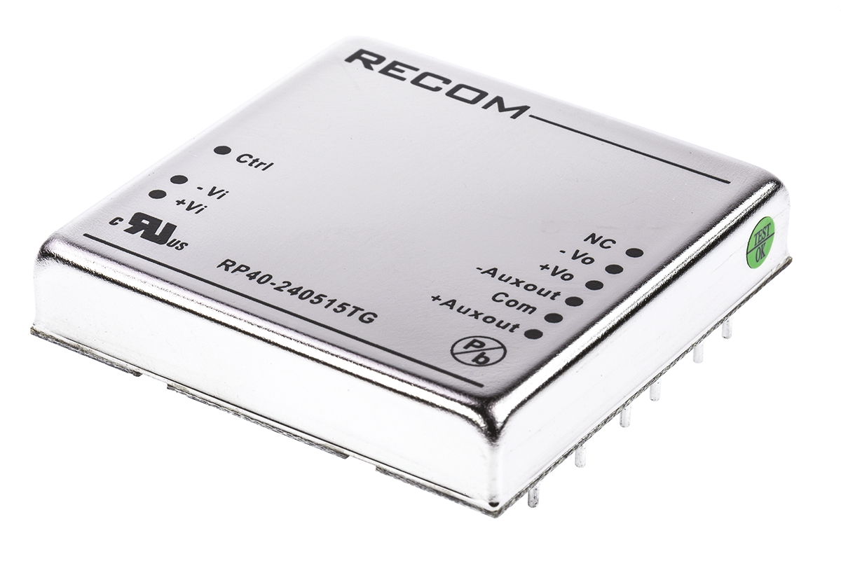 Recom RP40 G DC/DC Converter, 15V dc/ 300 mA, 36V dc Input, 18V Input 40 W, Through Hole, 66 °C Max Temp -40 °C Min