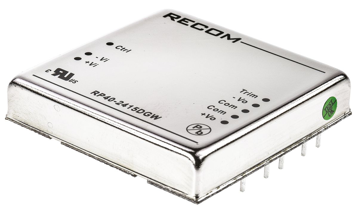 Recom RP40 GW DC/DC Converter, 15V dc/ 1330 mA, 36V dc Input, 9V Input 40 W, Through Hole, 57 °C Max Temp -40 °C Min