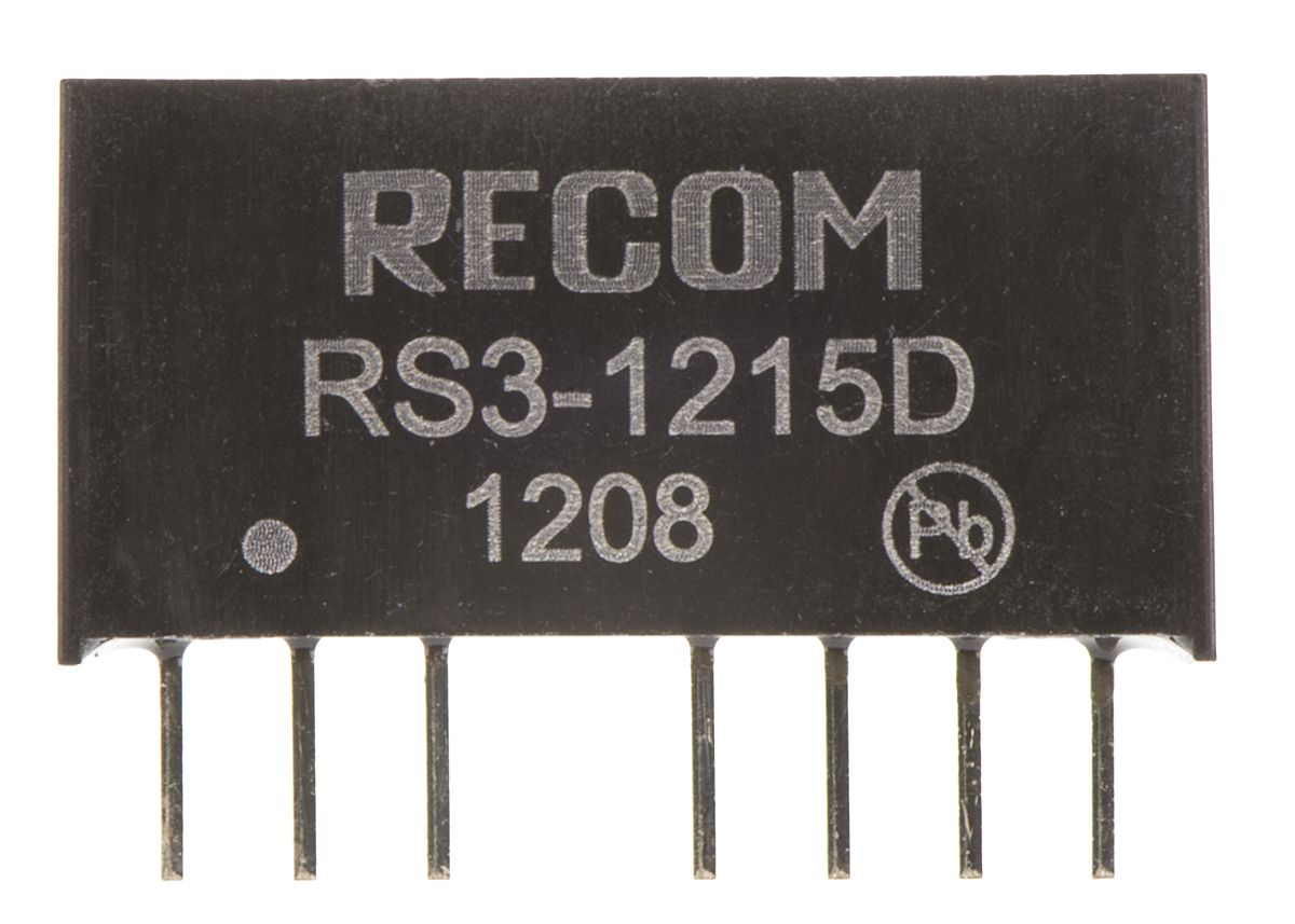 rs3-1215d Recom RS3 DC/DC Converter, 15V, -15 V/, 18V Input, 9V Input 3 W, Through Hole, 85 °C Max Temp -40 °C Min Temp, 8-Pin SIP