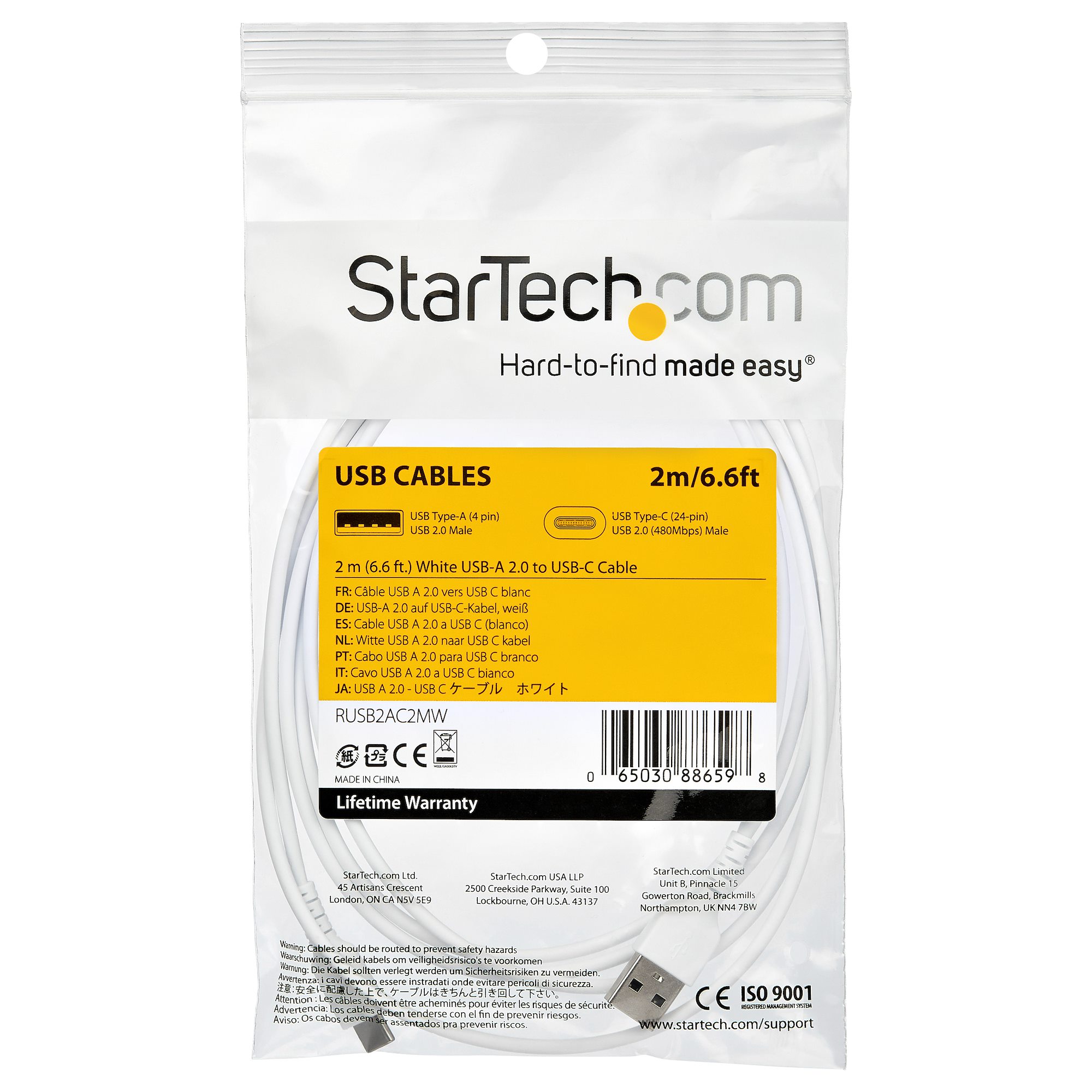 rusb2ac2mw StarTech.com  USB 2.0, Male USB Type A to Male USB Type C, White, 2 m