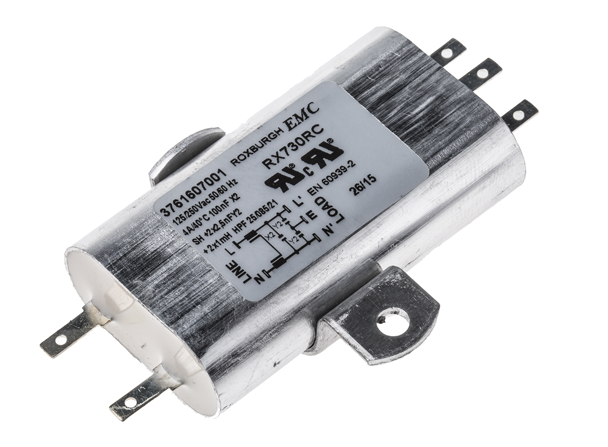 Roxburgh EMC, RX730 4 A 250V ac 60Hz, Chassis Mount RFI Filter, Tab 1 Phase