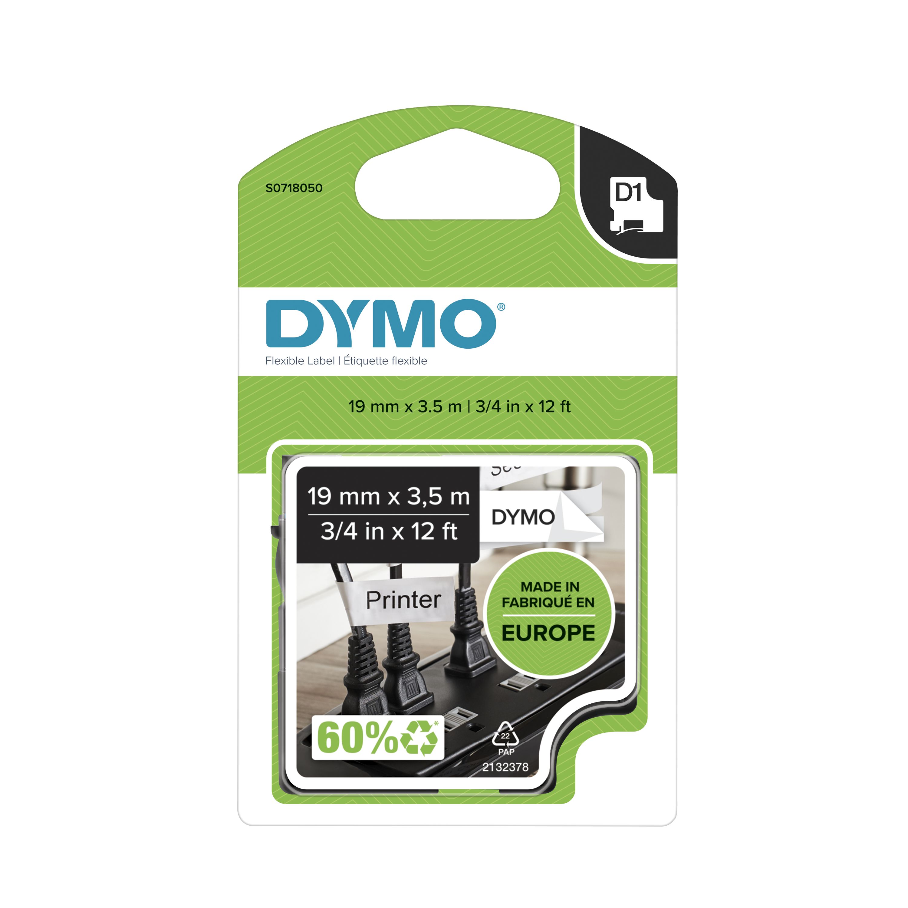 Dymo Black on White Label Printer Tape, 3.5 m Length, 19 mm Width, 7 m Label Length