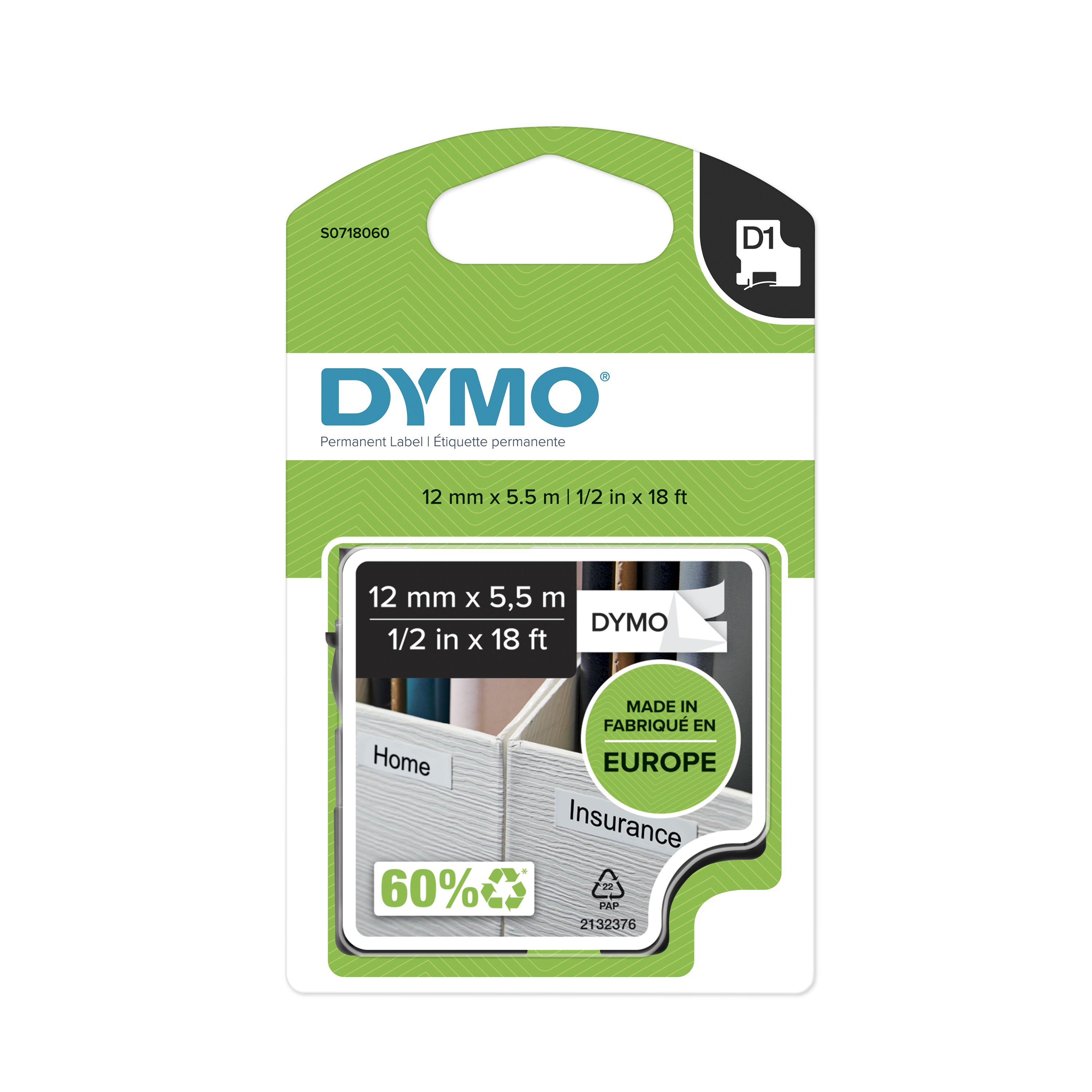 Dymo Black on White Label Printer Tape, 5.5 m Length, 12 mm Width, 7 m Label Length
