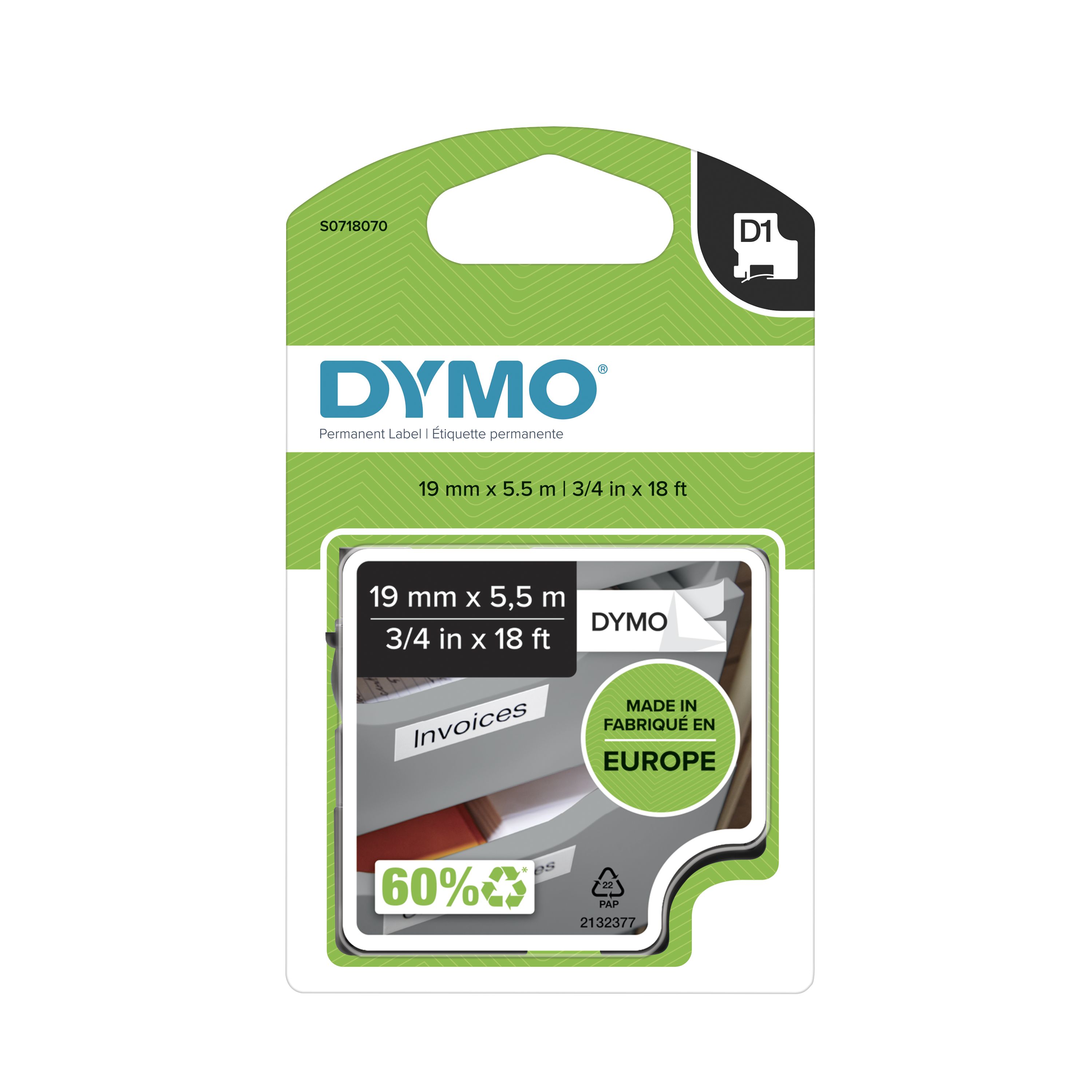 Dymo Black on White Label Printer Tape, 5.5 m Length, 19 mm Width, 7 m Label Length