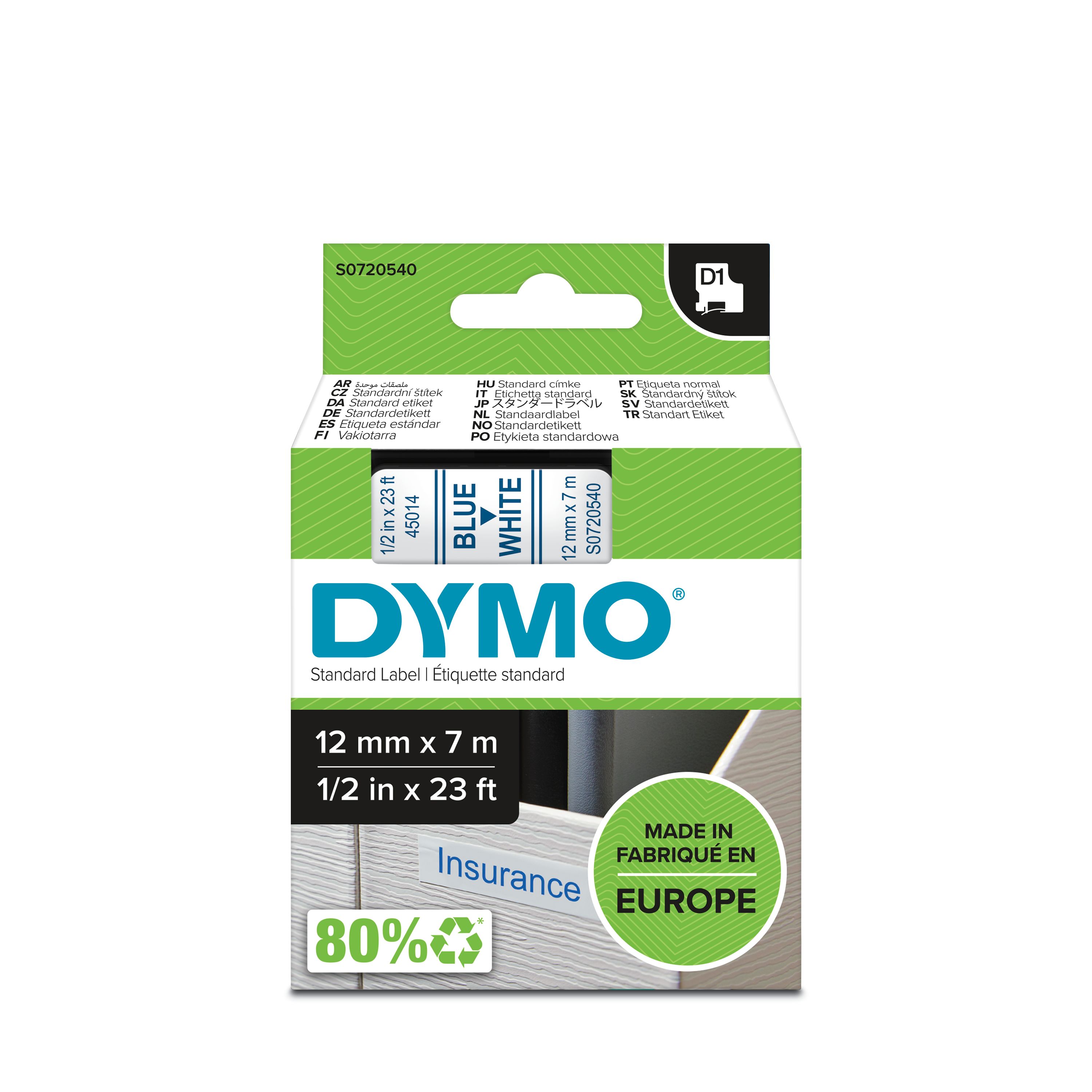 Dymo Blue on White Label Printer Tape, 7 m Length, 12 mm Width