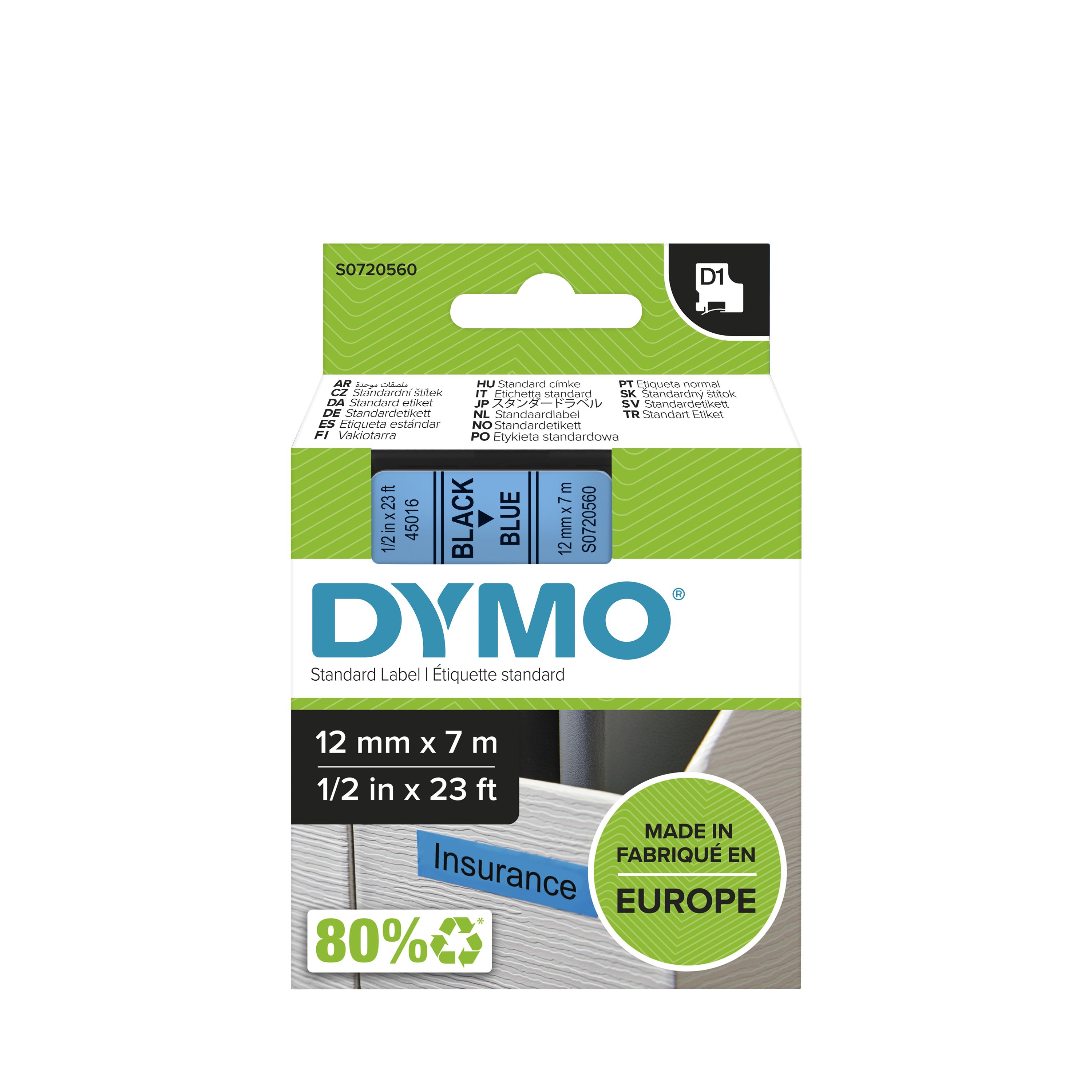 Dymo Black on Blue Label Printer Tape, 7 m Length, 12 mm Width