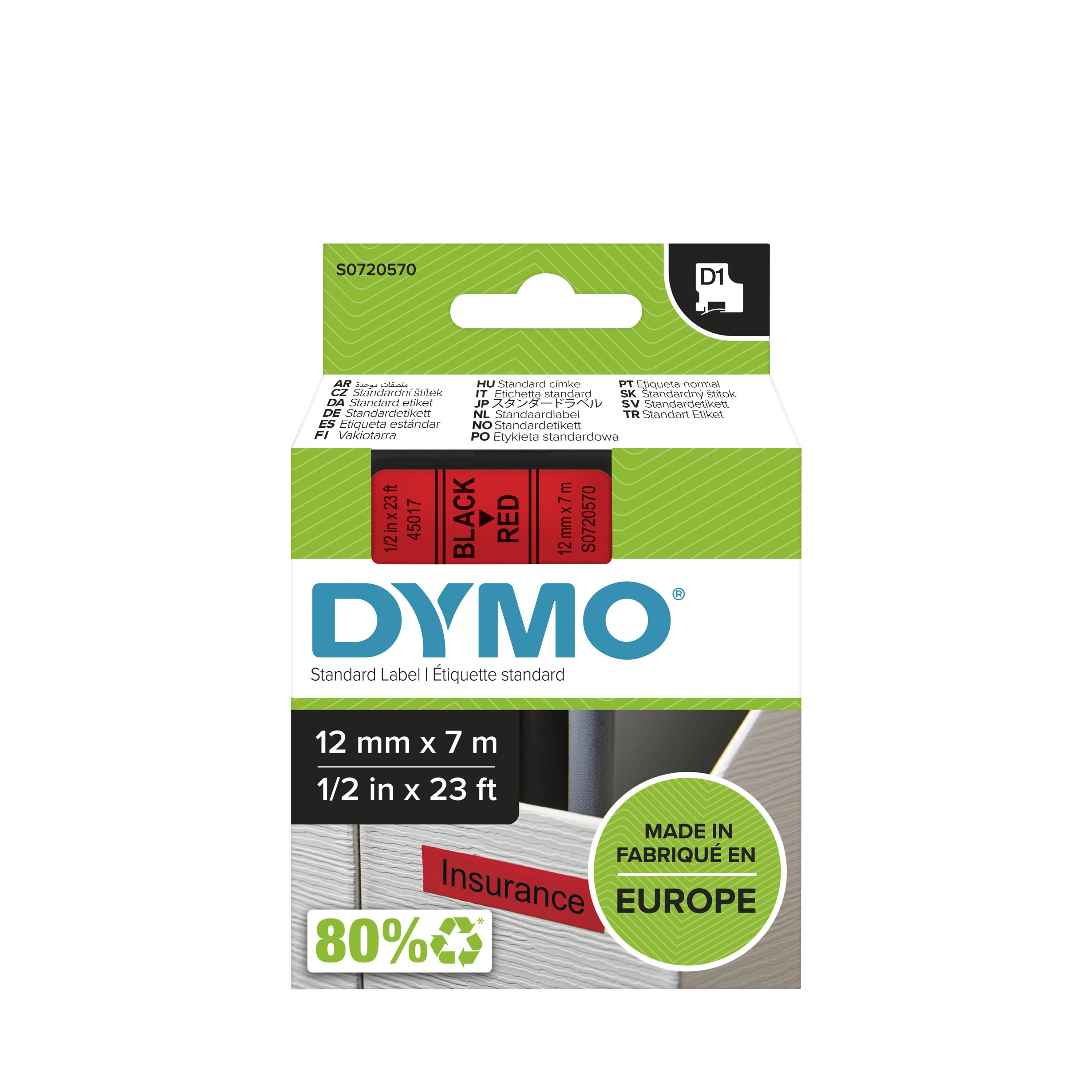 Dymo Black on Red Label Printer Tape, 7 m Length, 12 mm Width