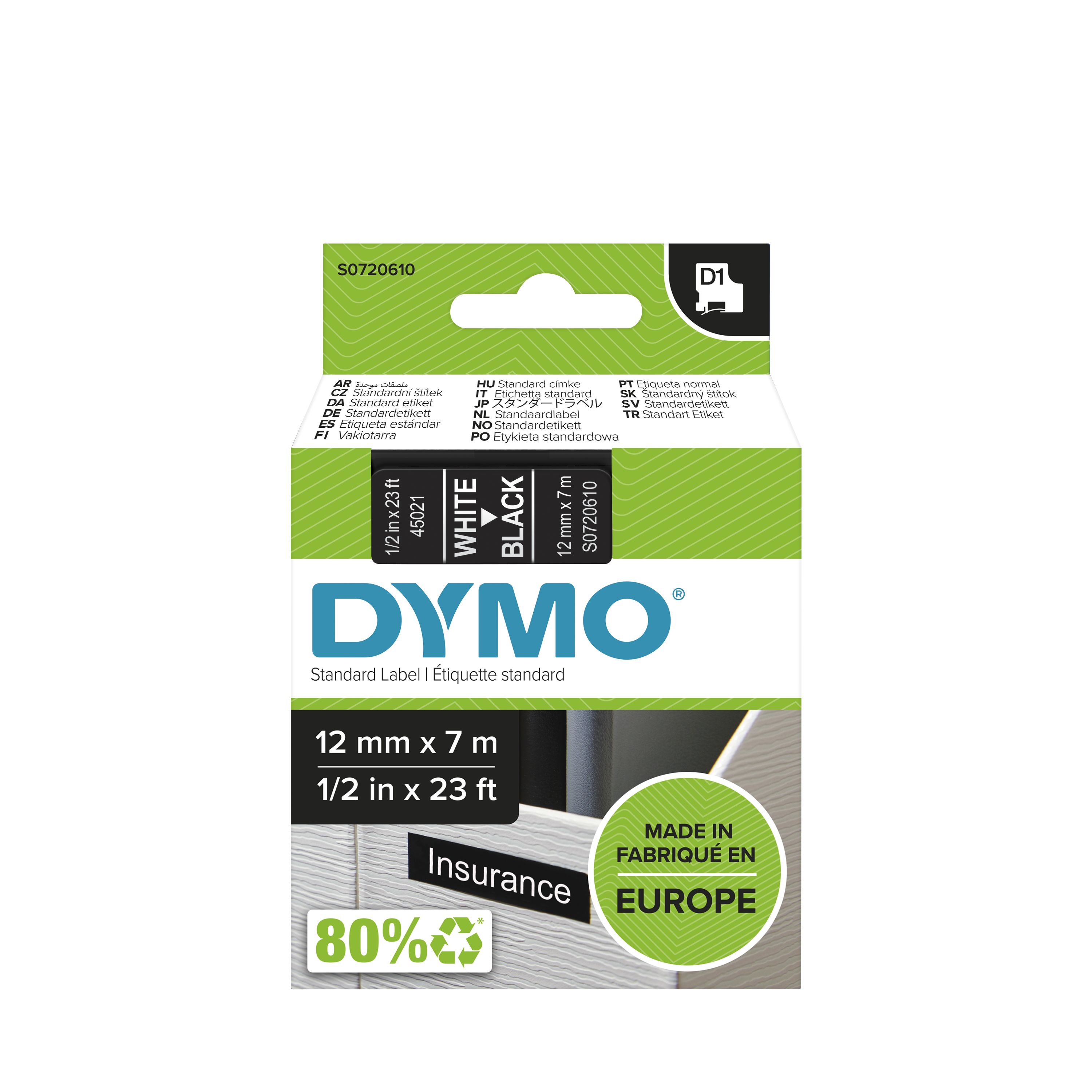 Dymo White on Black Label Printer Tape, 7 m Length, 12 mm Width