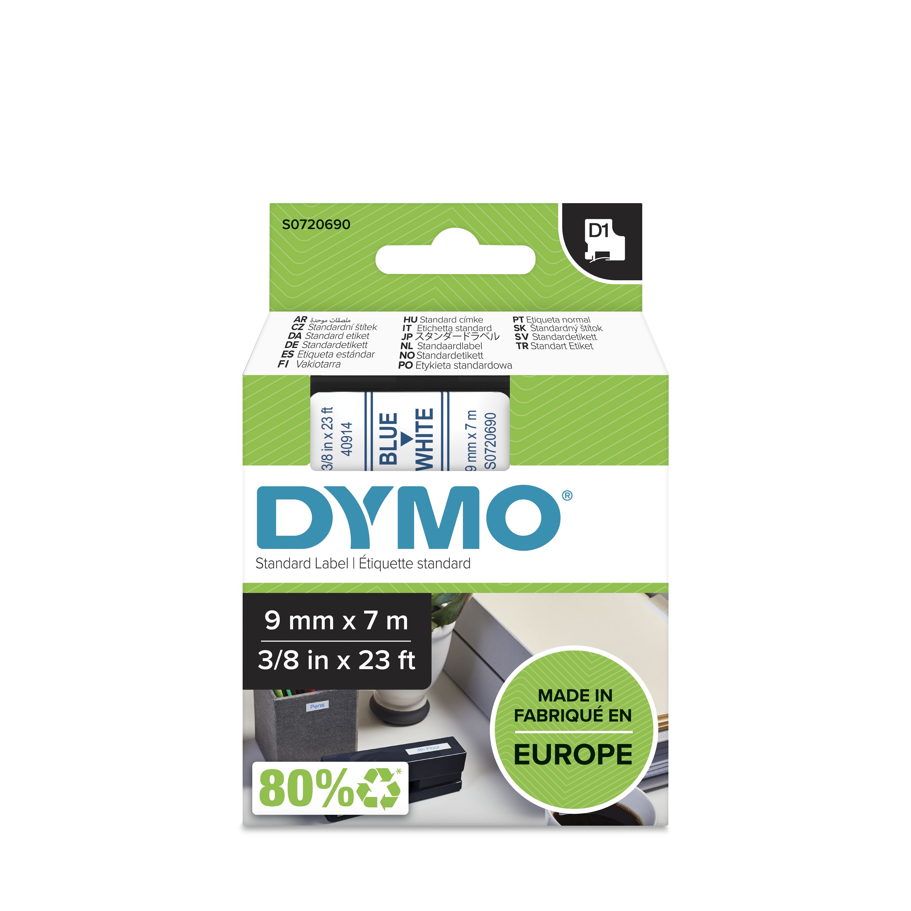 Dymo Blue on White Label Printer Tape, 7 m Length, 9 mm Width