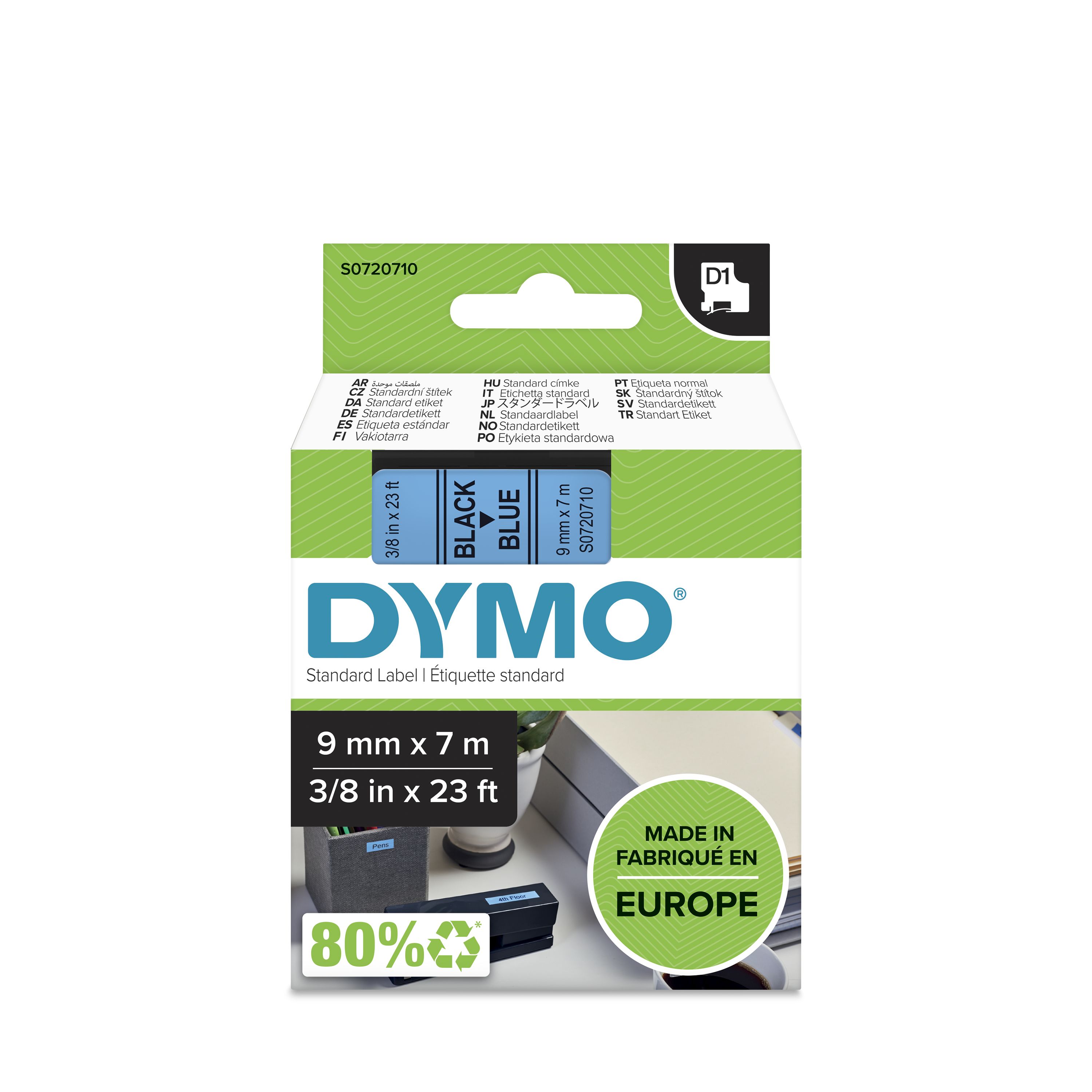 Dymo Black on Blue Label Printer Tape, 7 m Length, 9 mm Width
