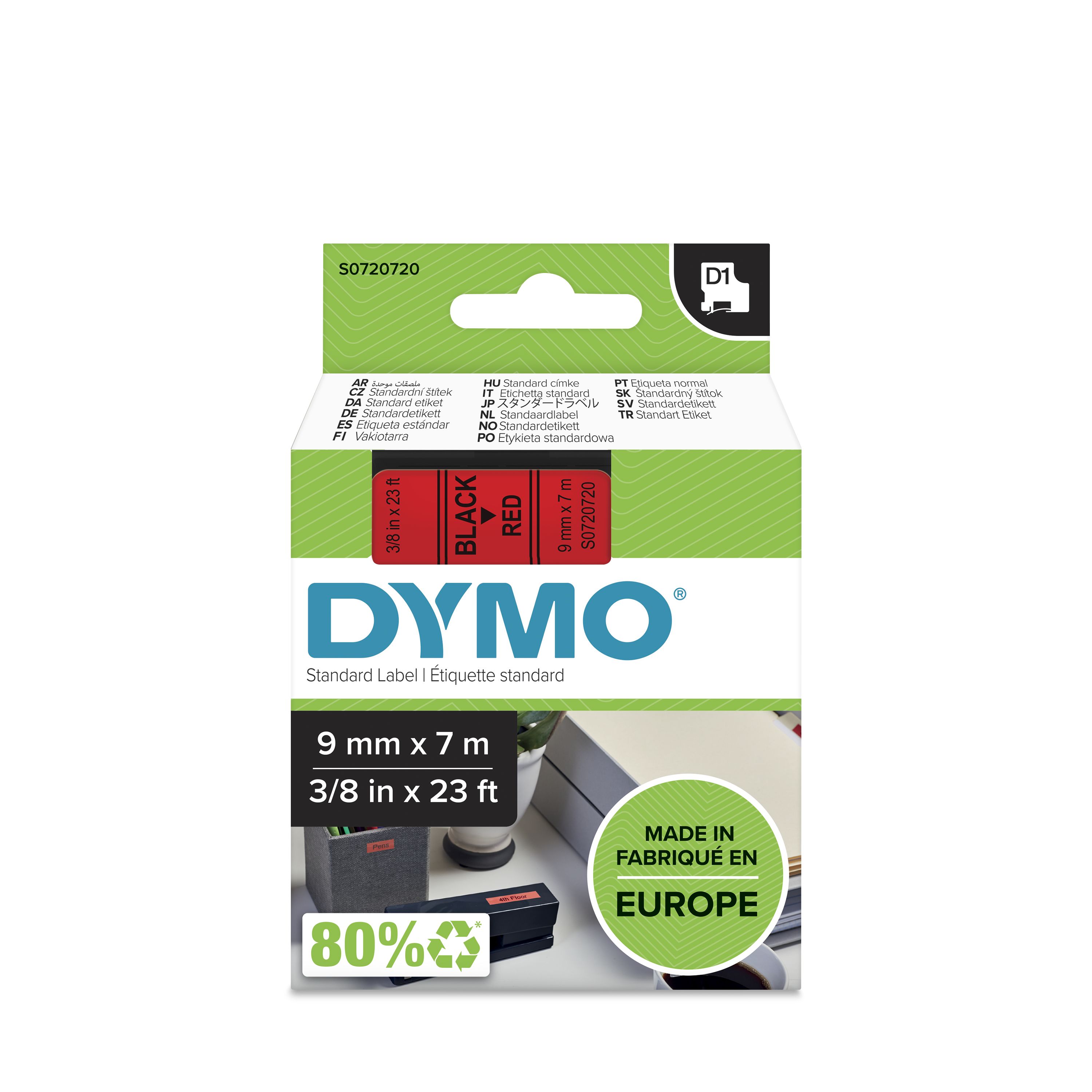 Dymo Black on Red Label Printer Tape, 7 m Length, 9 mm Width