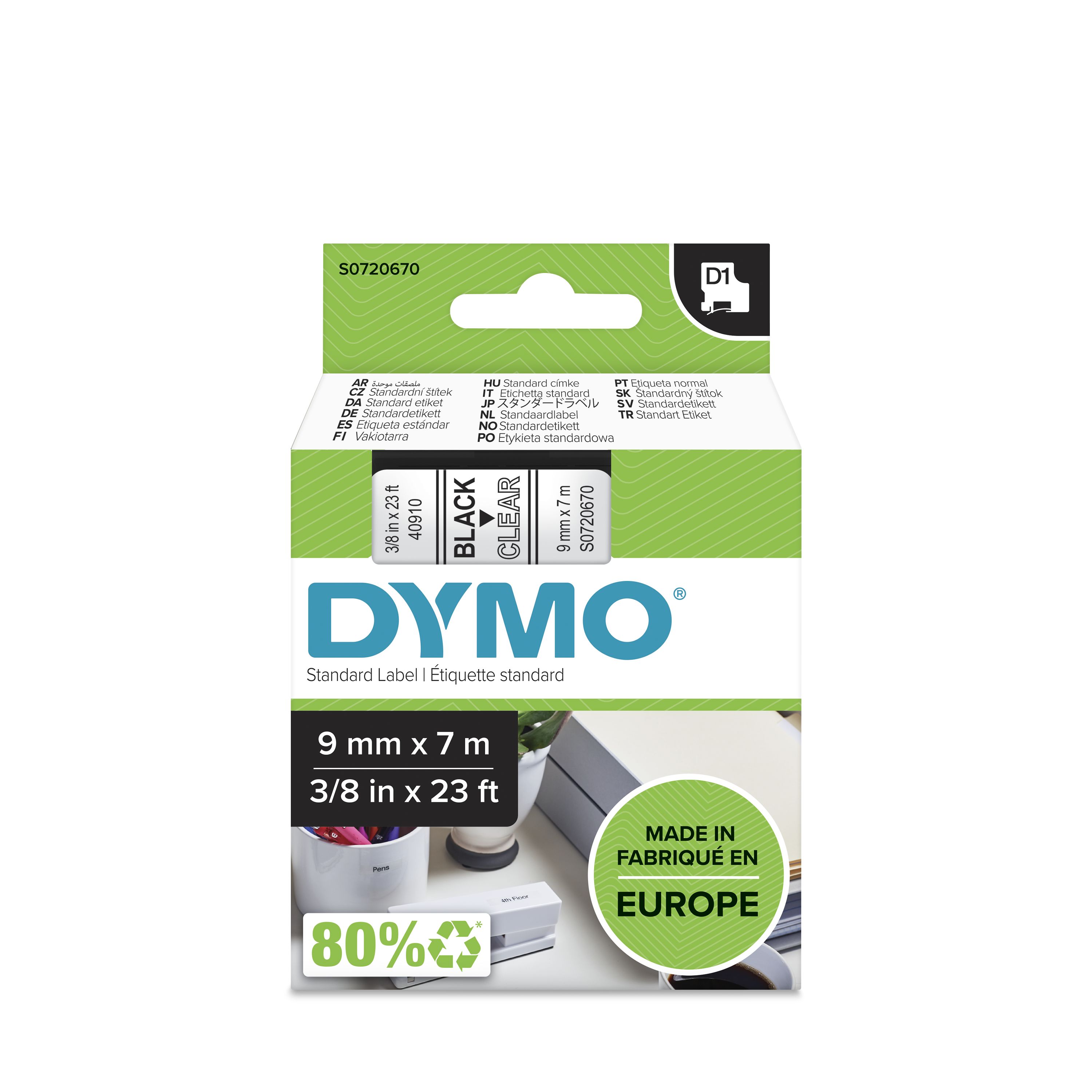 Dymo Black on Green Label Printer Tape, 7 m Length, 9 mm Width