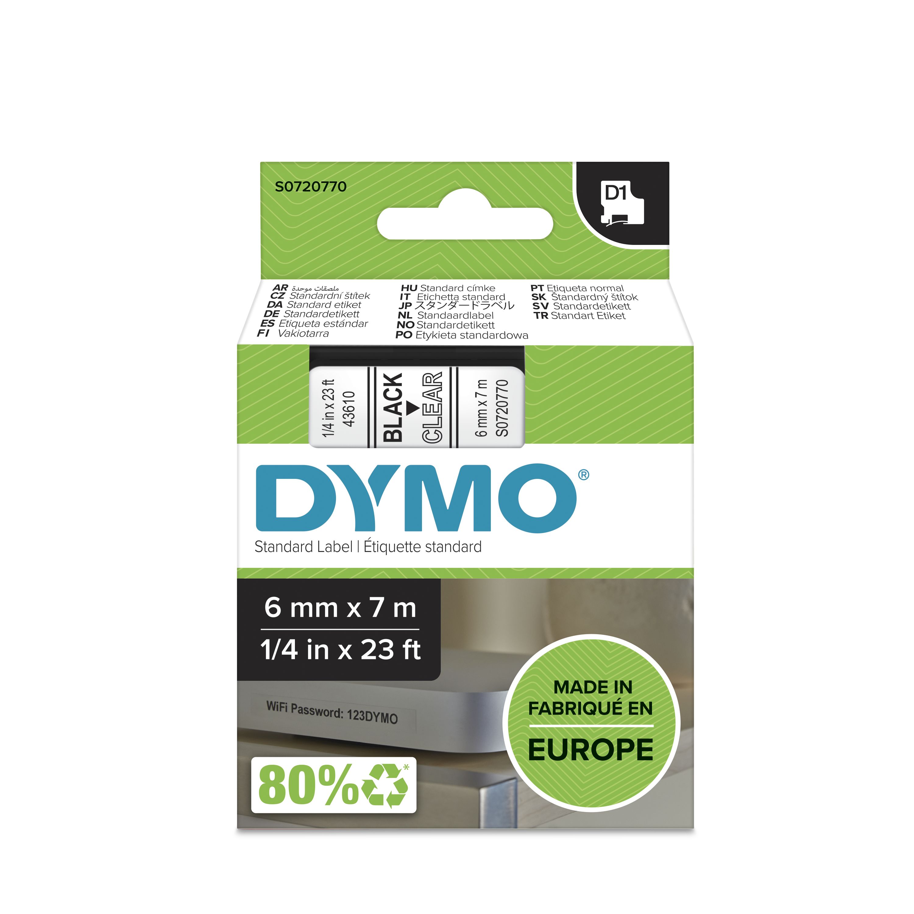 Dymo Black on Clear Label Printer Tape, 7 m Length, 6 mm Width
