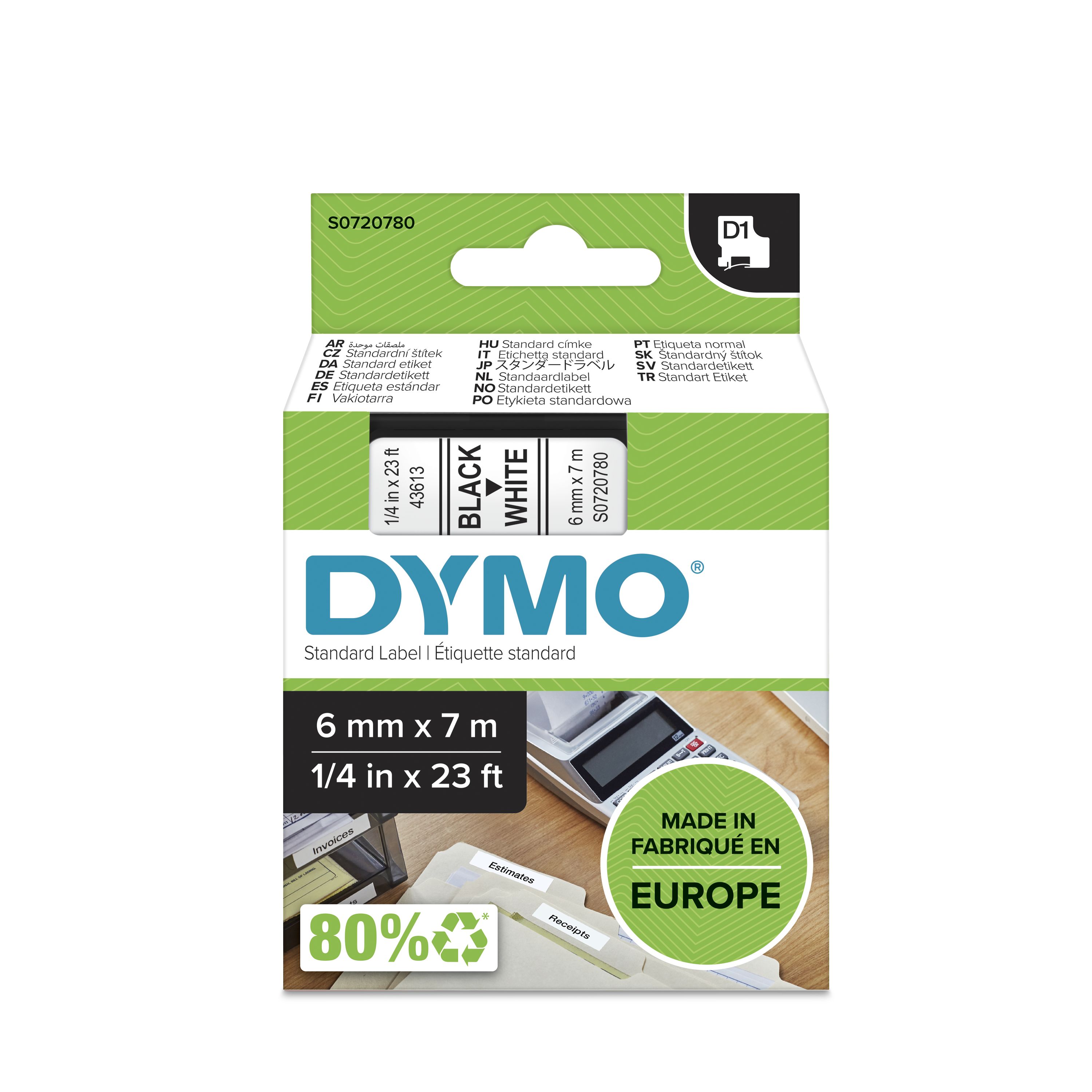 Dymo Black on White Label Printer Tape, 7 m Length, 6 mm Width
