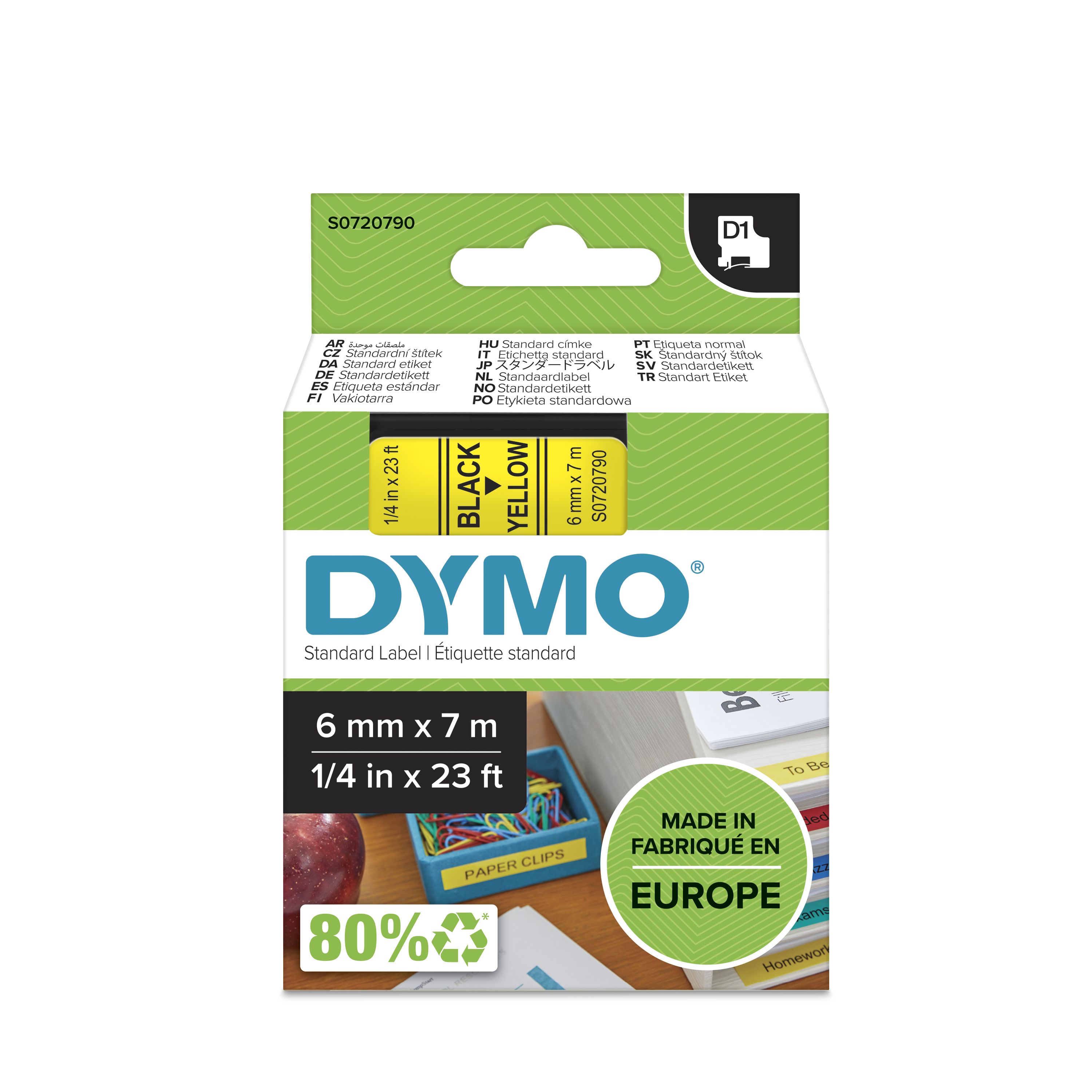 Dymo Black on Yellow Label Printer Tape, 7 m Length, 6 mm Width, 7 m Label Length, 6 mm Label Width