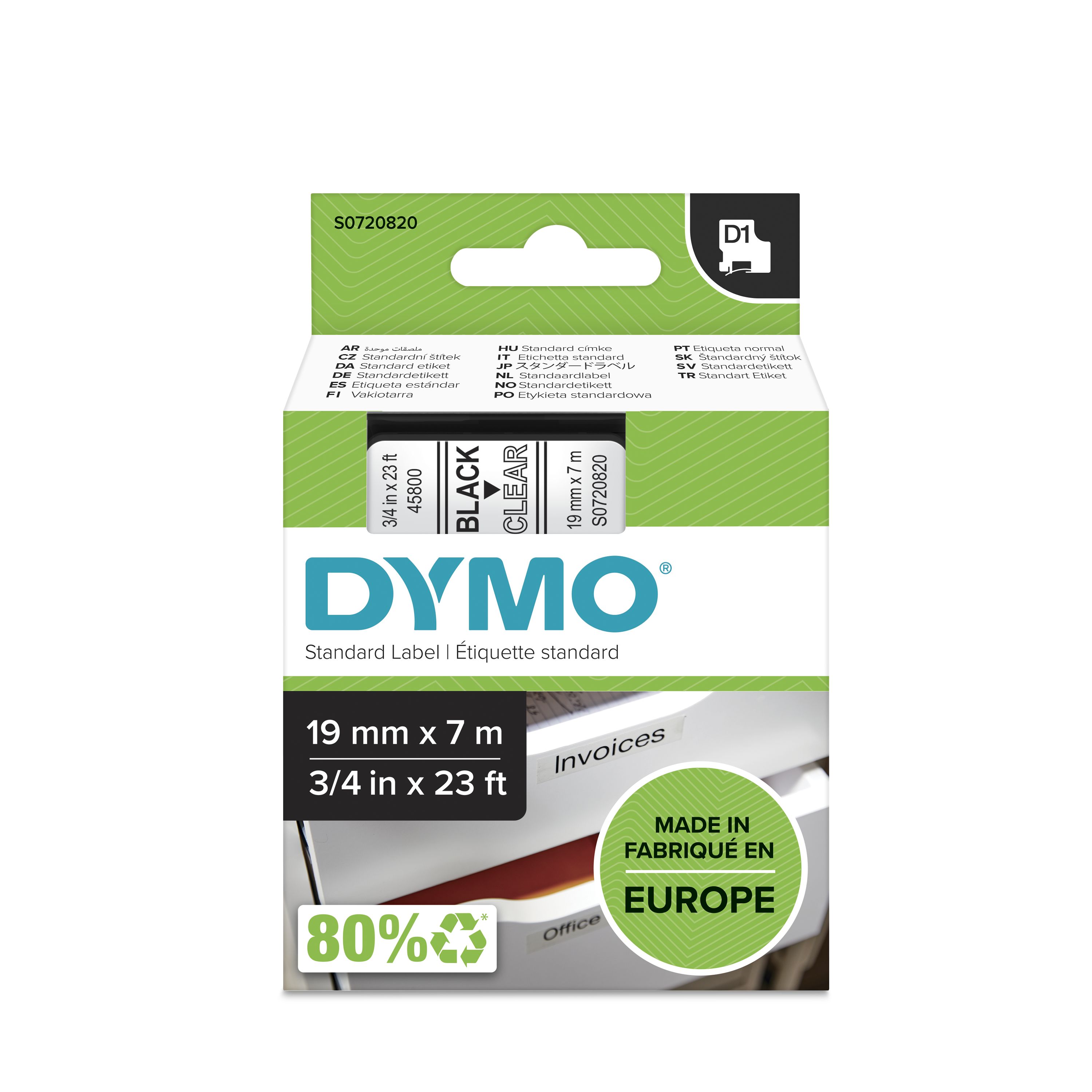 Dymo Black on Clear Label Printer Tape, 7 m Length, 19 mm Width