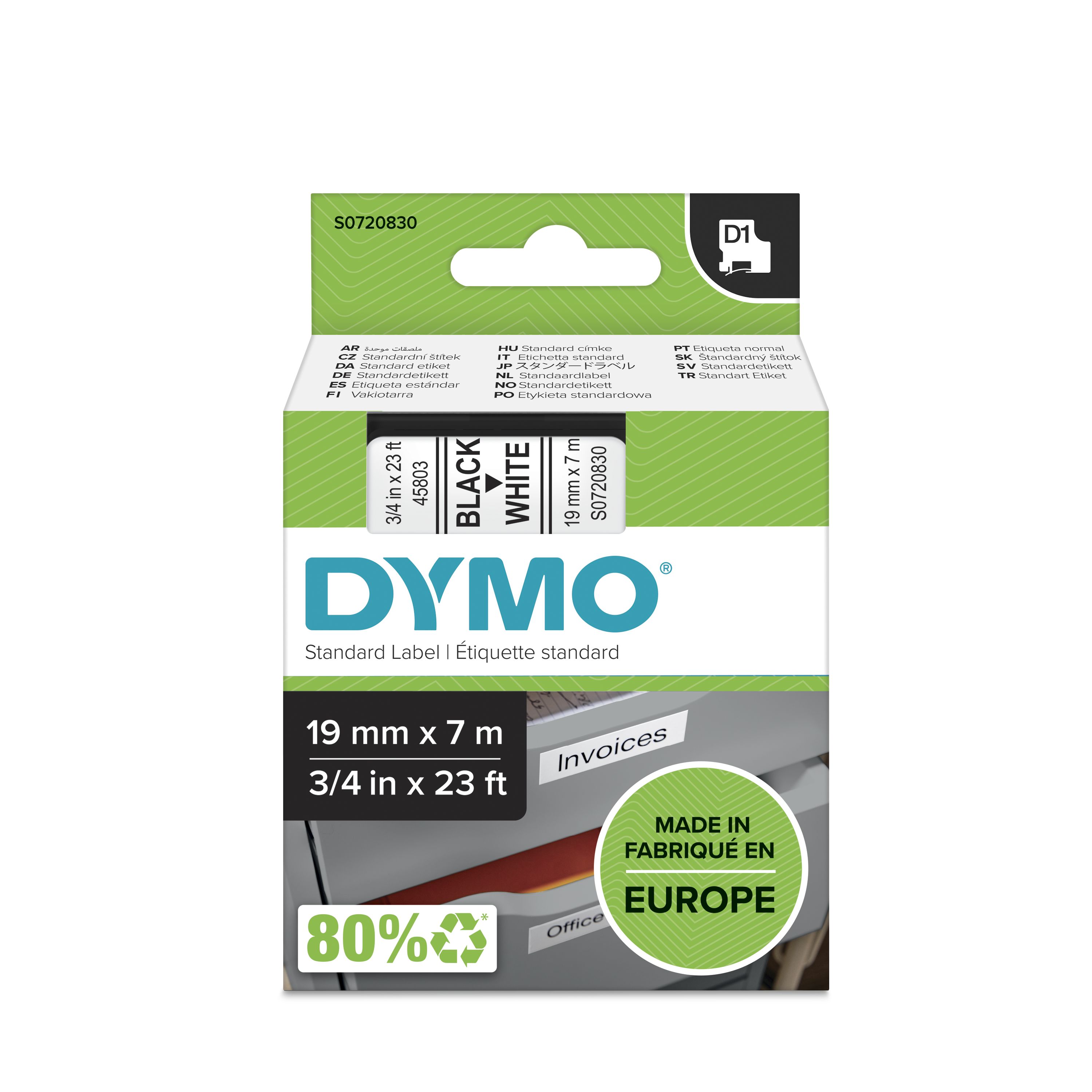 Dymo Black on White Label Printer Tape, 7 m Length, 19 mm Width