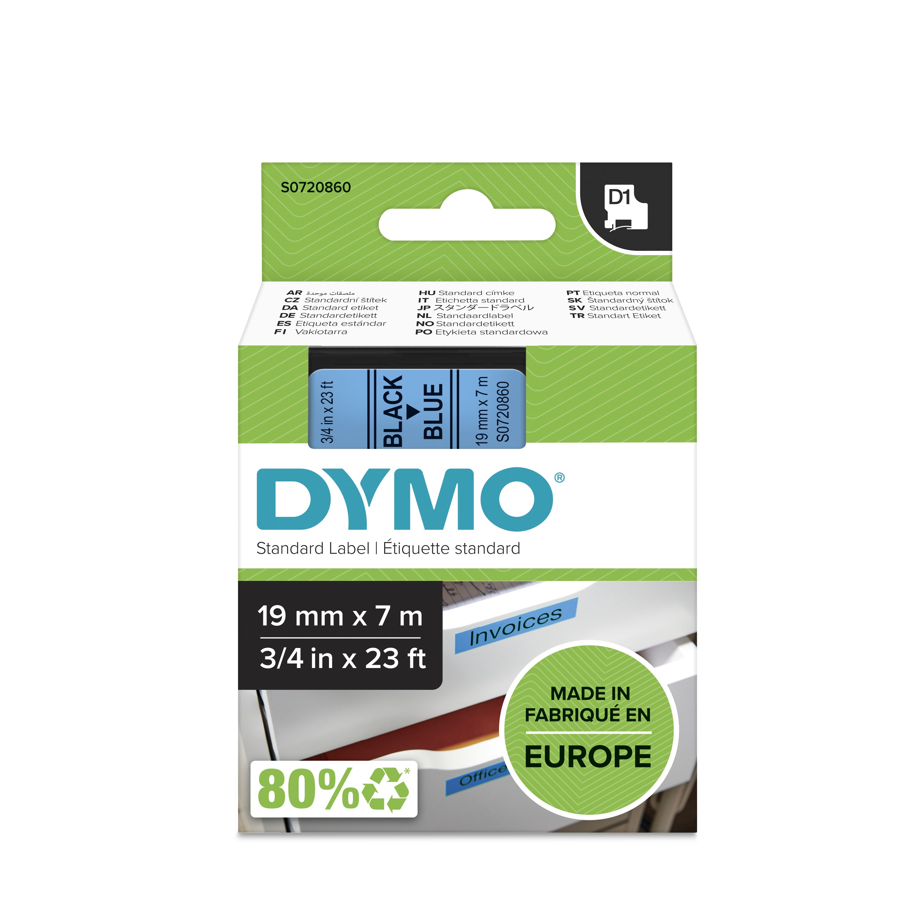 Dymo Black on Blue Label Printer Tape, 7 m Length, 19 mm Width