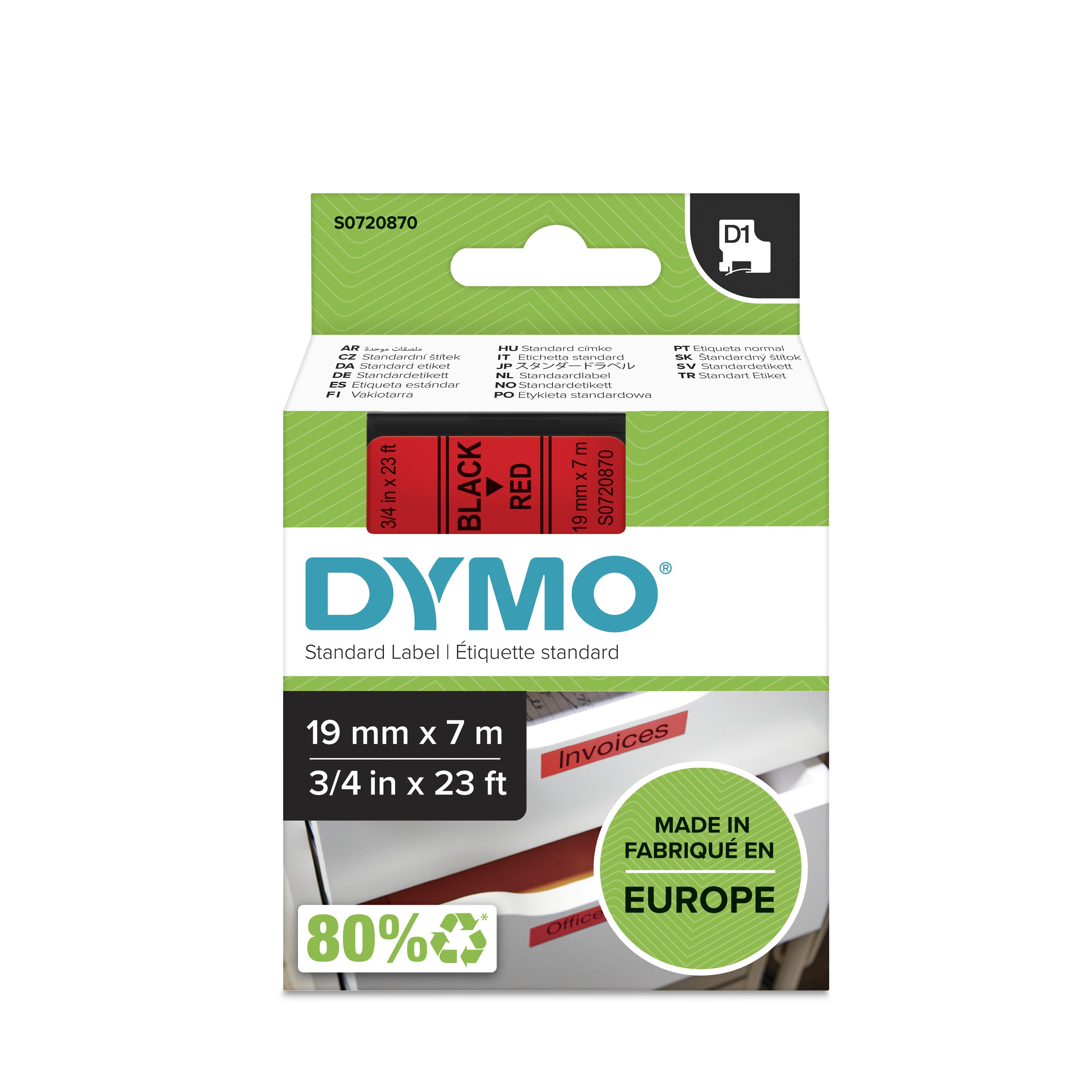 Dymo Black on Red Label Printer Tape, 7 m Length, 19 mm Width
