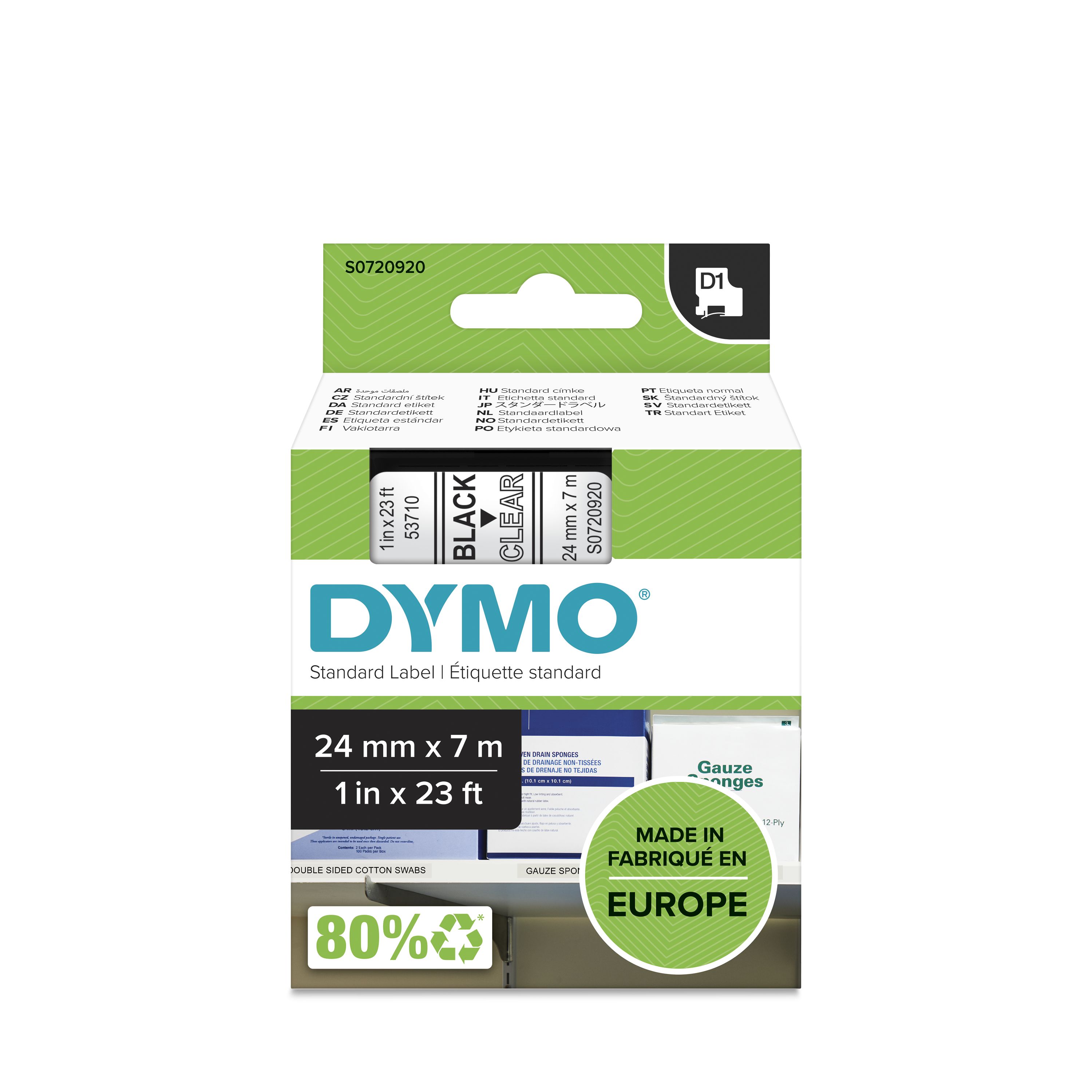 Dymo Black on Clear Label Printer Tape, 7 m Length, 24 mm Width