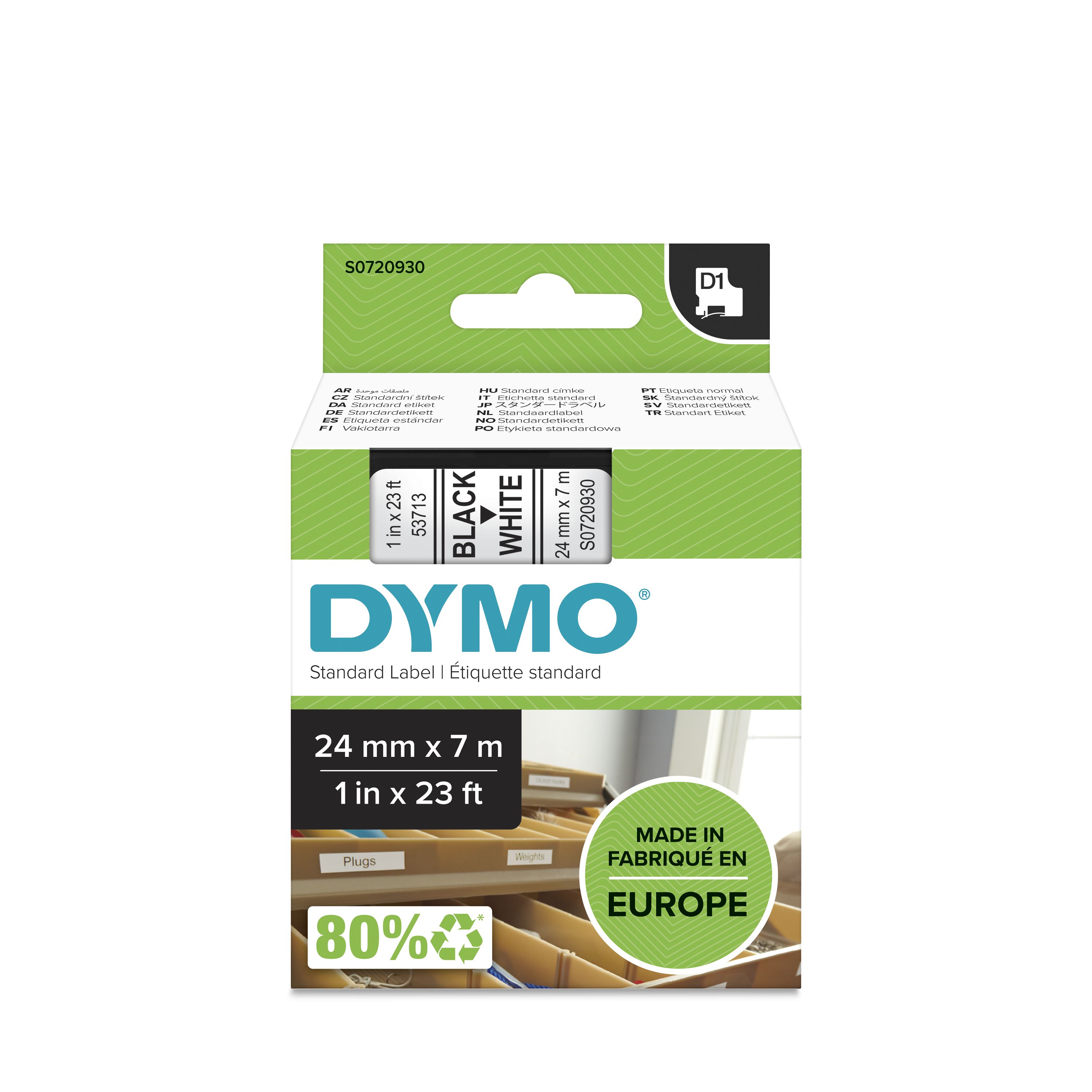 Dymo Black on White Label Printer Tape, 7 m Length, 24 mm Width