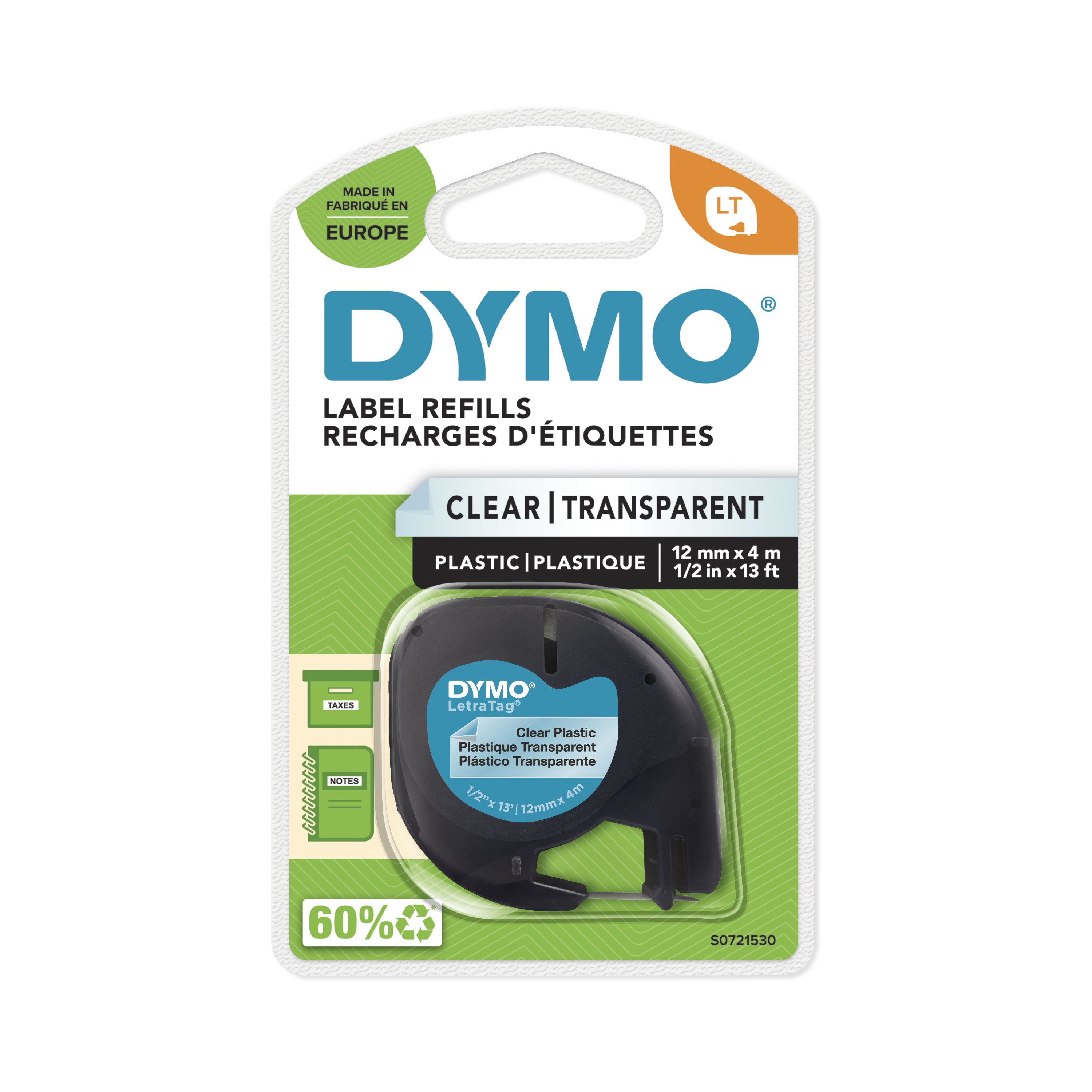 Dymo Black on Clear Label Printer Tape, 4 m Length, 12 mm Width, 4 m Label Length, 12 mm Label Width
