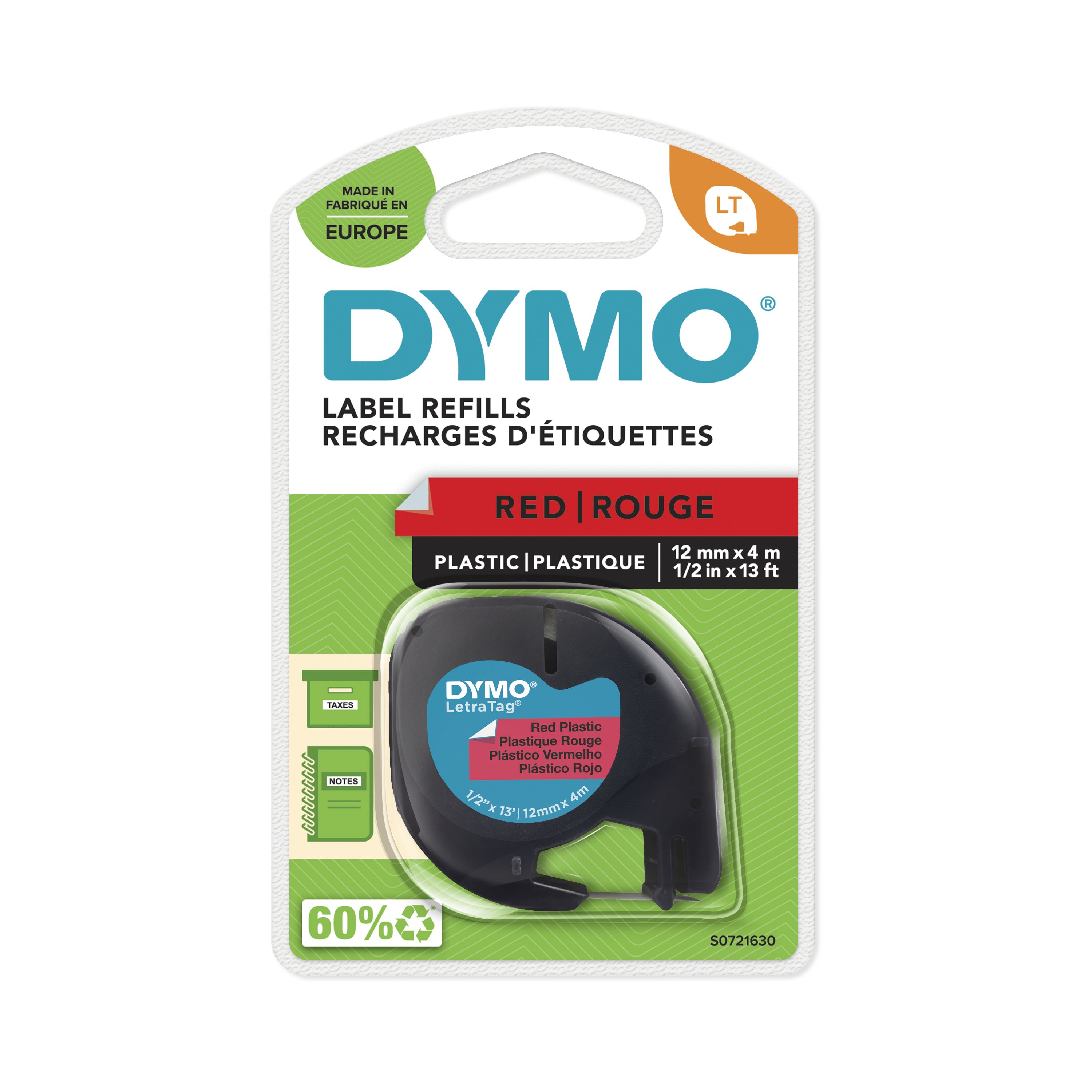Dymo Black on Red Label Printer Tape, 4 m Length, 12 mm Width