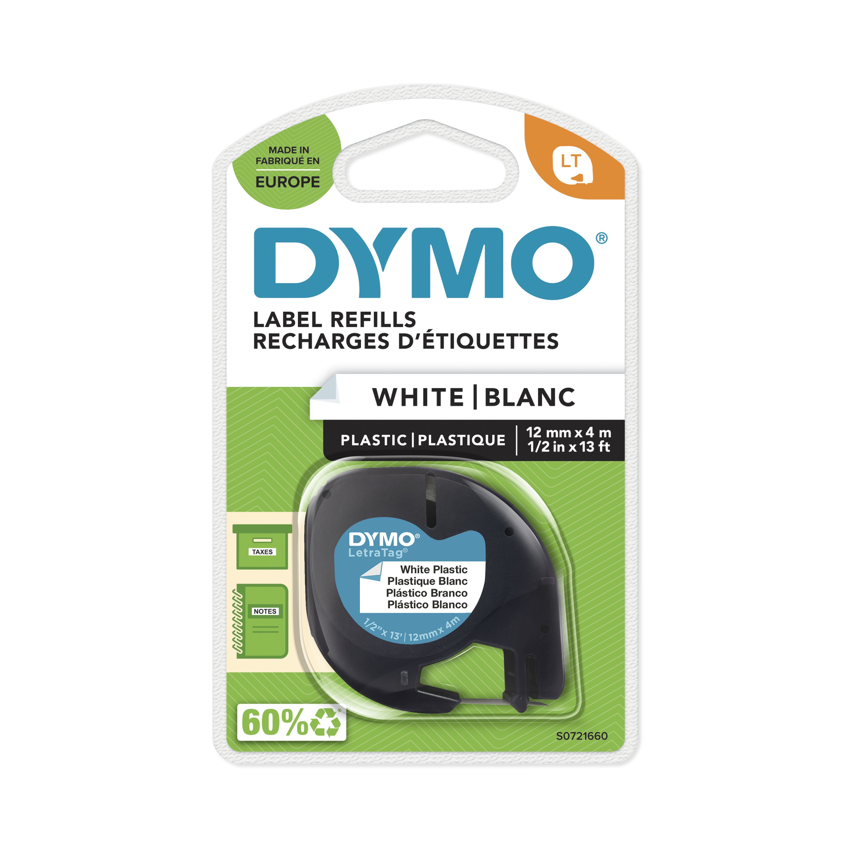 Dymo Black on White Label Printer Tape, 4 m Length, 12 mm Width