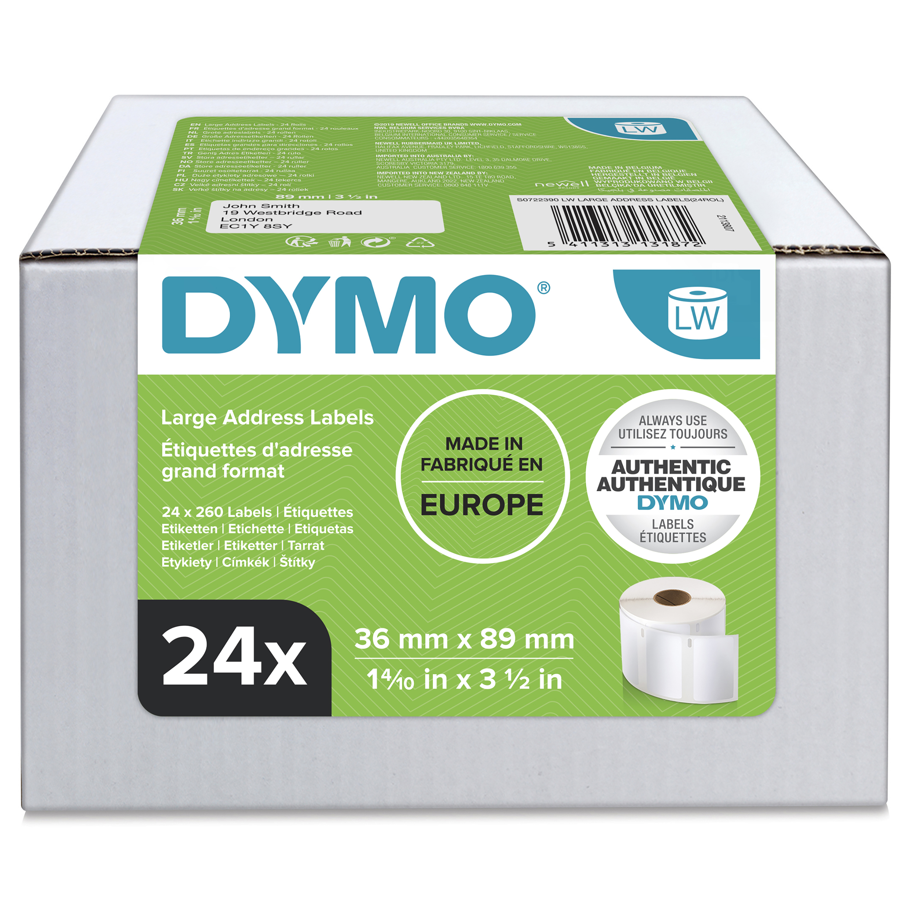 Dymo White Label Roll, 89 mm Width, 260 Per Roll Qty, 89 mm