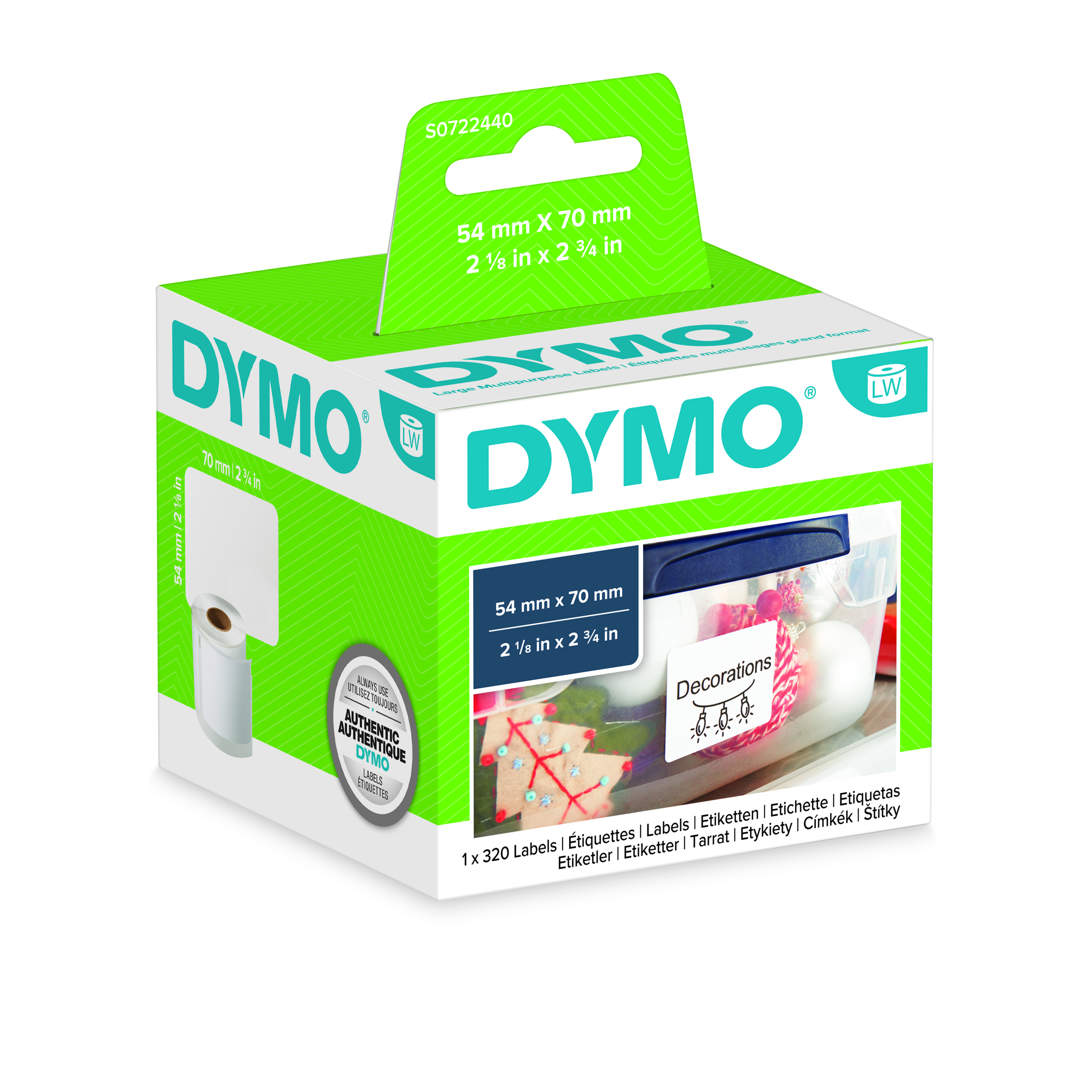 Dymo White Black Print Label Roll, 70 mm Width, 320 Per Roll Qty, 70 mm