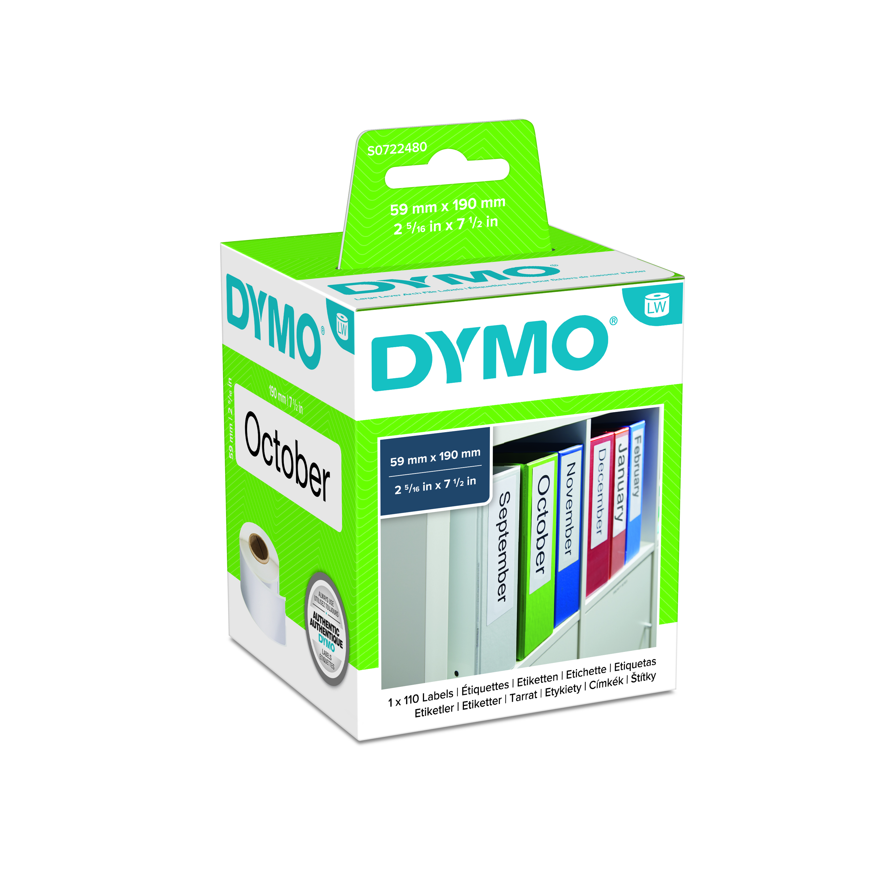 Dymo White Black Print Label Roll, 190 mm Width, 110 Per Roll Qty, 190 mm