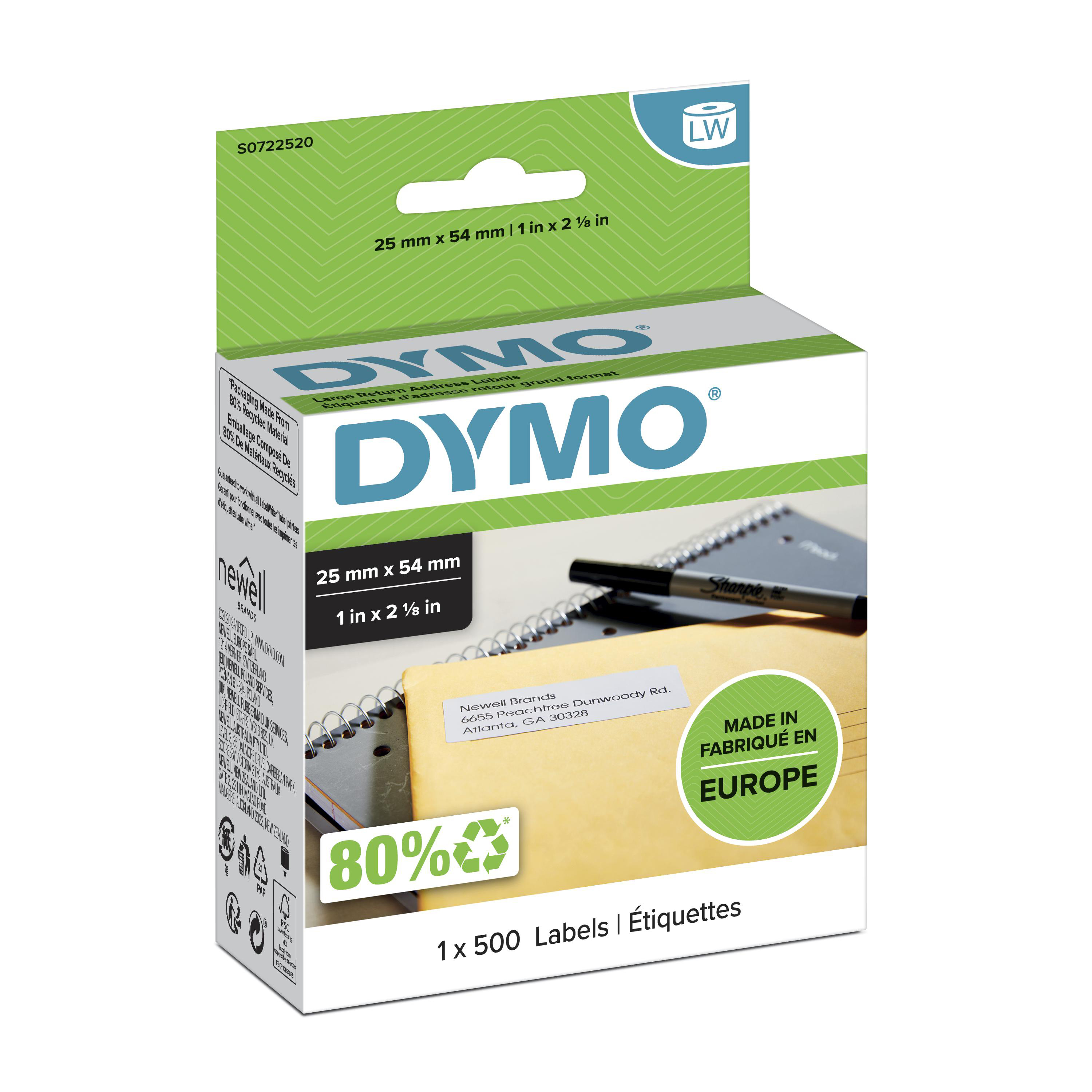 Dymo White Black Print Label Roll, 25 mm Width, 500 Per Roll Qty